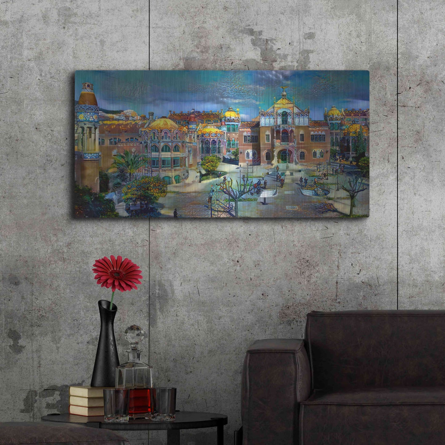 Luxe Metal Art 'Barcelona Spain Sant Pau Hospital and Palau de la Musica' by Pedro Gavidia, Metal Wall Art,48x24