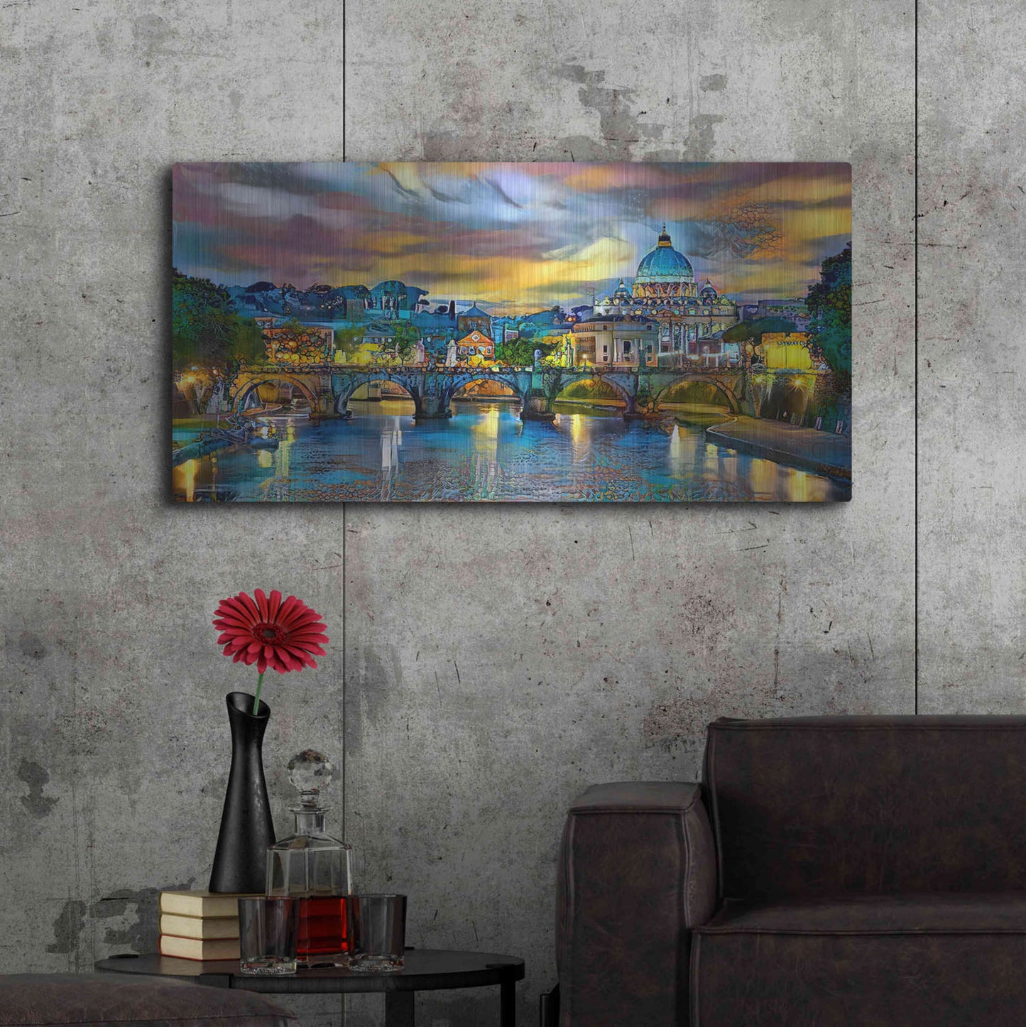 Luxe Metal Art 'Vatican City Saint Peter Basilica and bridge by night' by Pedro Gavidia, Metal Wall Art,48x24