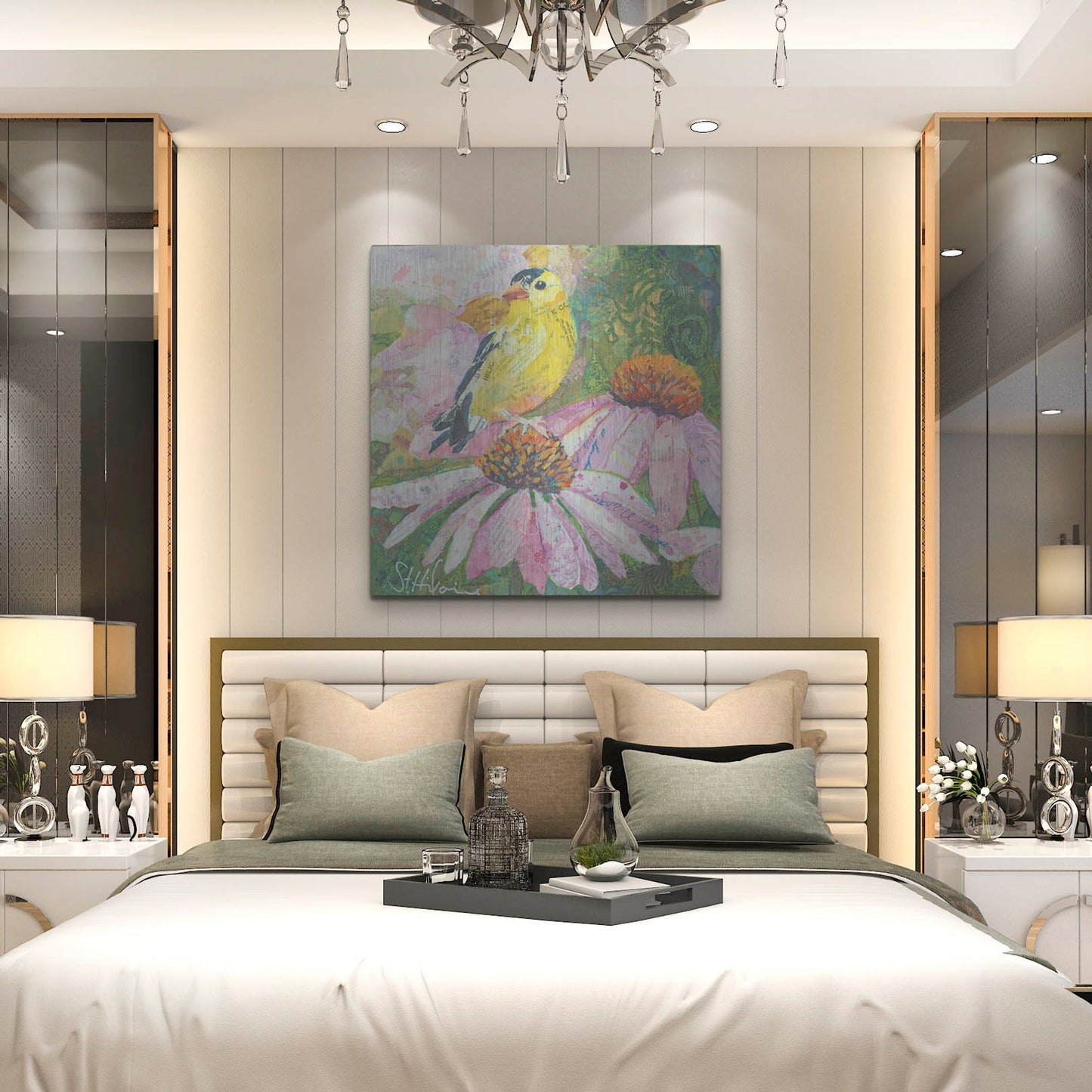 Luxe Metal Art 'Finch on Coneflowers' by St. Hilaire Elizabeth, Metal Wall Art,36x36