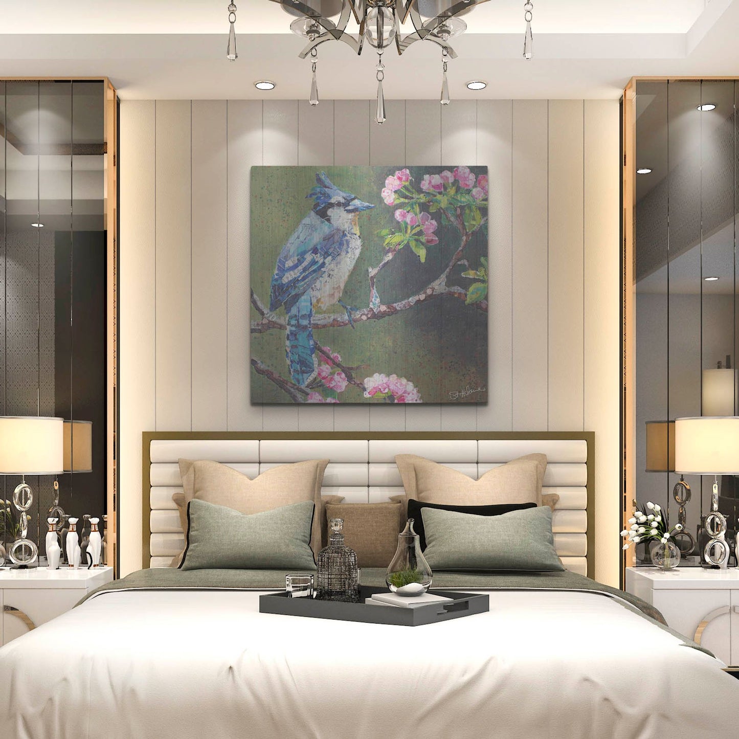 Luxe Metal Art 'Blue Jay on Apple Blossoms' by St. Hilaire Elizabeth, Metal Wall Art,36x36