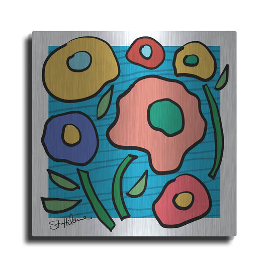Luxe Metal Art 'Abstract Floral on Blue' by St. Hilaire Elizabeth, Metal Wall Art