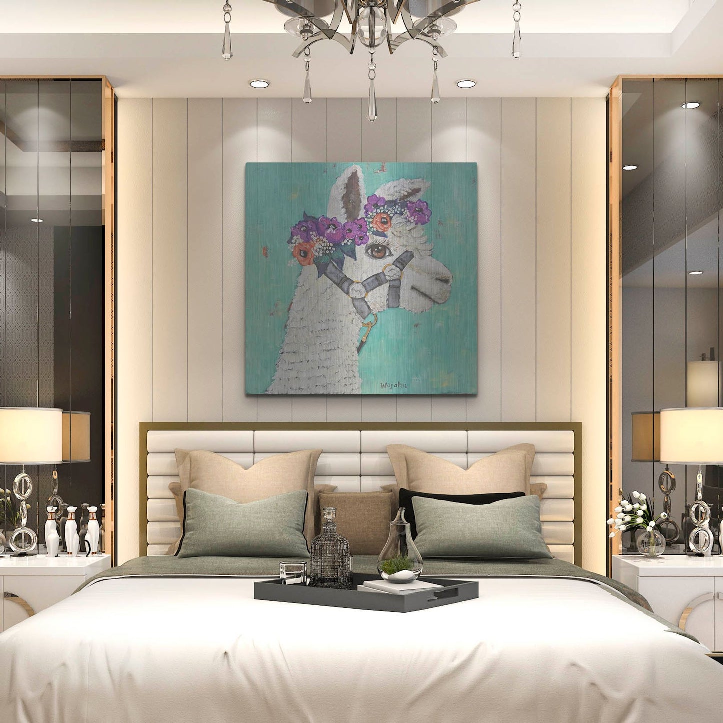 Luxe Metal Art 'Flower Headed Llama' by Holly Wojhan, Metal Wall Art,36x36