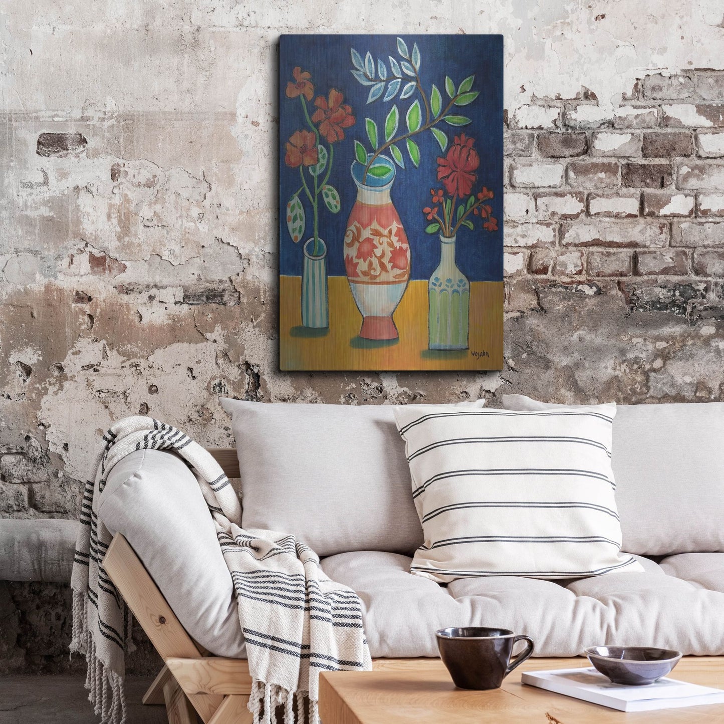 Luxe Metal Art 'More Flowers With Stripes' by Holly Wojhan, Metal Wall Art,24x36