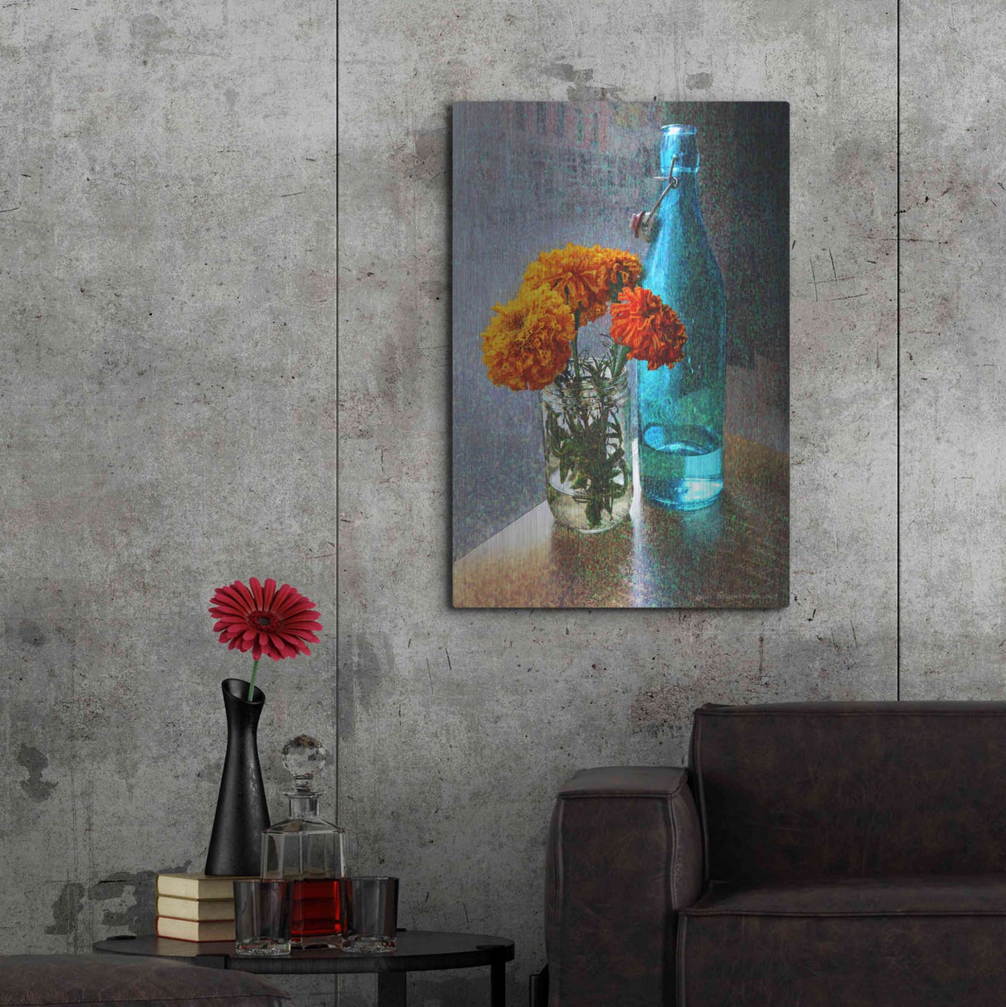 Luxe Metal Art 'Aqua Bottle Marigolds Cafe' by Chris Vest, Metal Wall Art,24x36