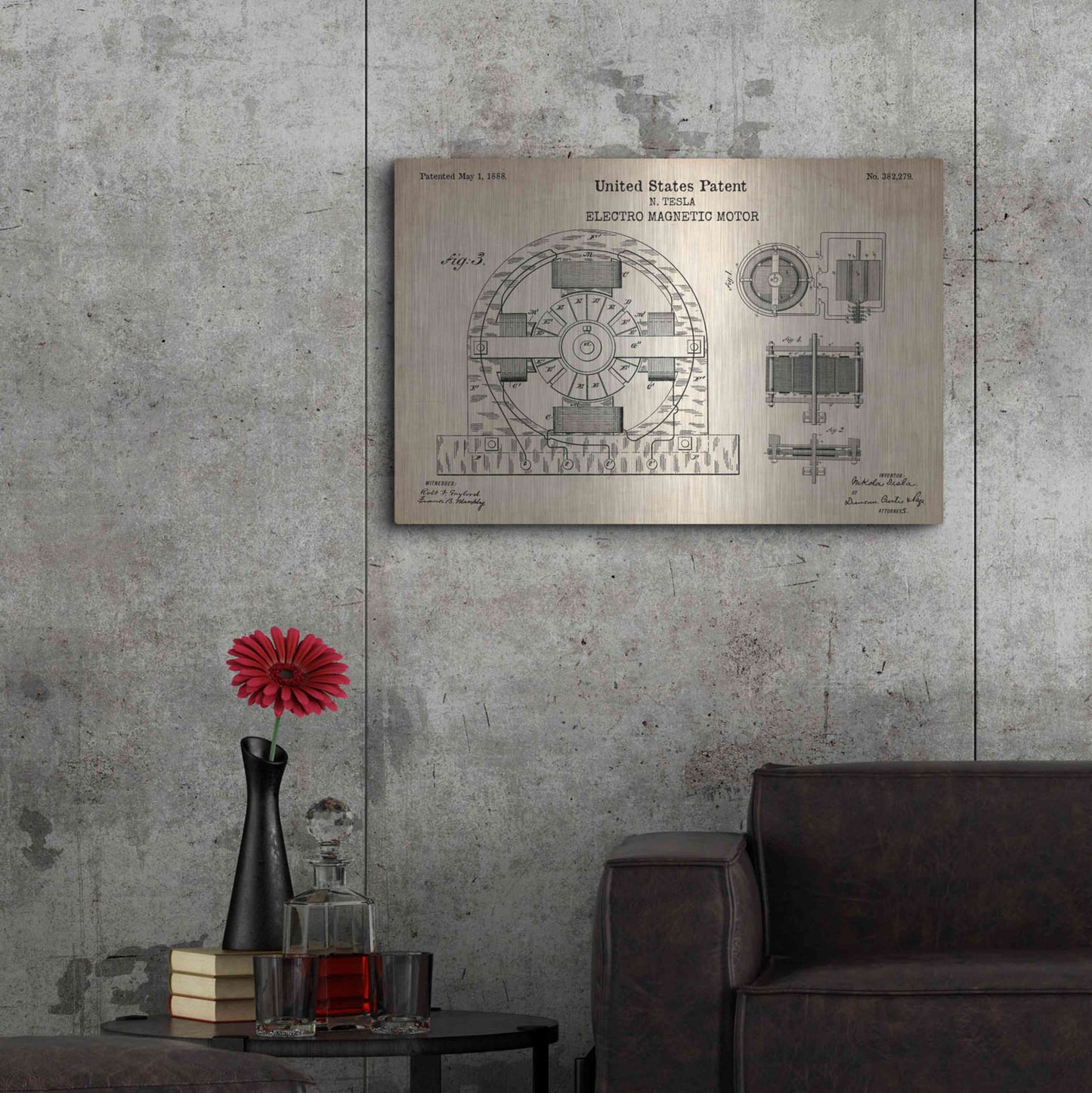 Luxe Metal Art 'Tesla Electro Magnetic Motor Blueprint Patent Parchment' Metal Wall Art,36x24