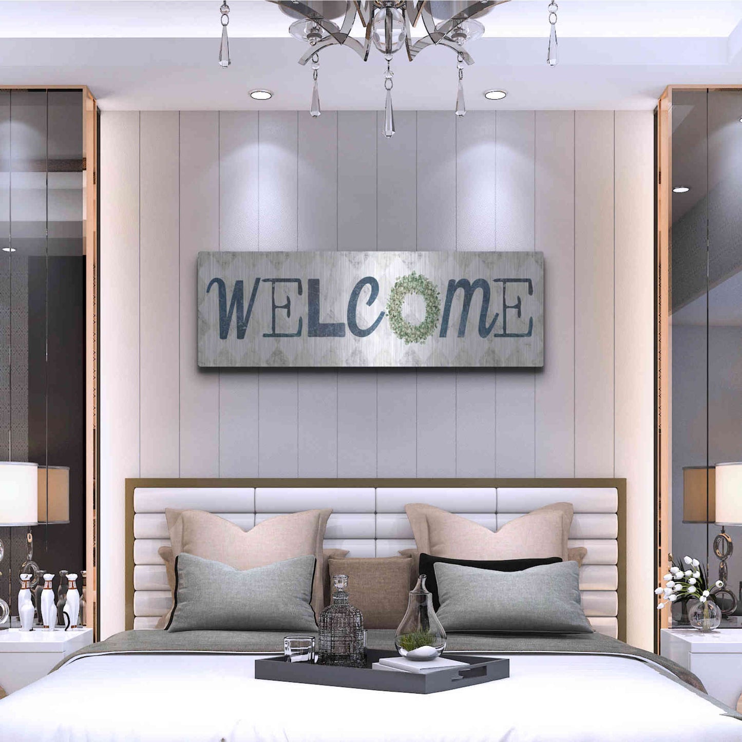 Luxe Metal Art 'Welcome with Eucalyptus Wreath I' by Marla Rae, Metal Wall Art,48x16