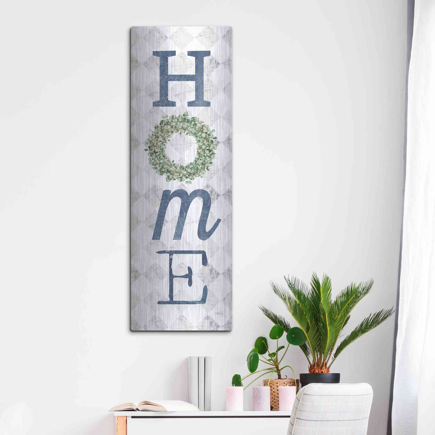 Luxe Metal Art 'Home with Eucalyptus Wreath II' by Marla Rae, Metal Wall Art,16x48