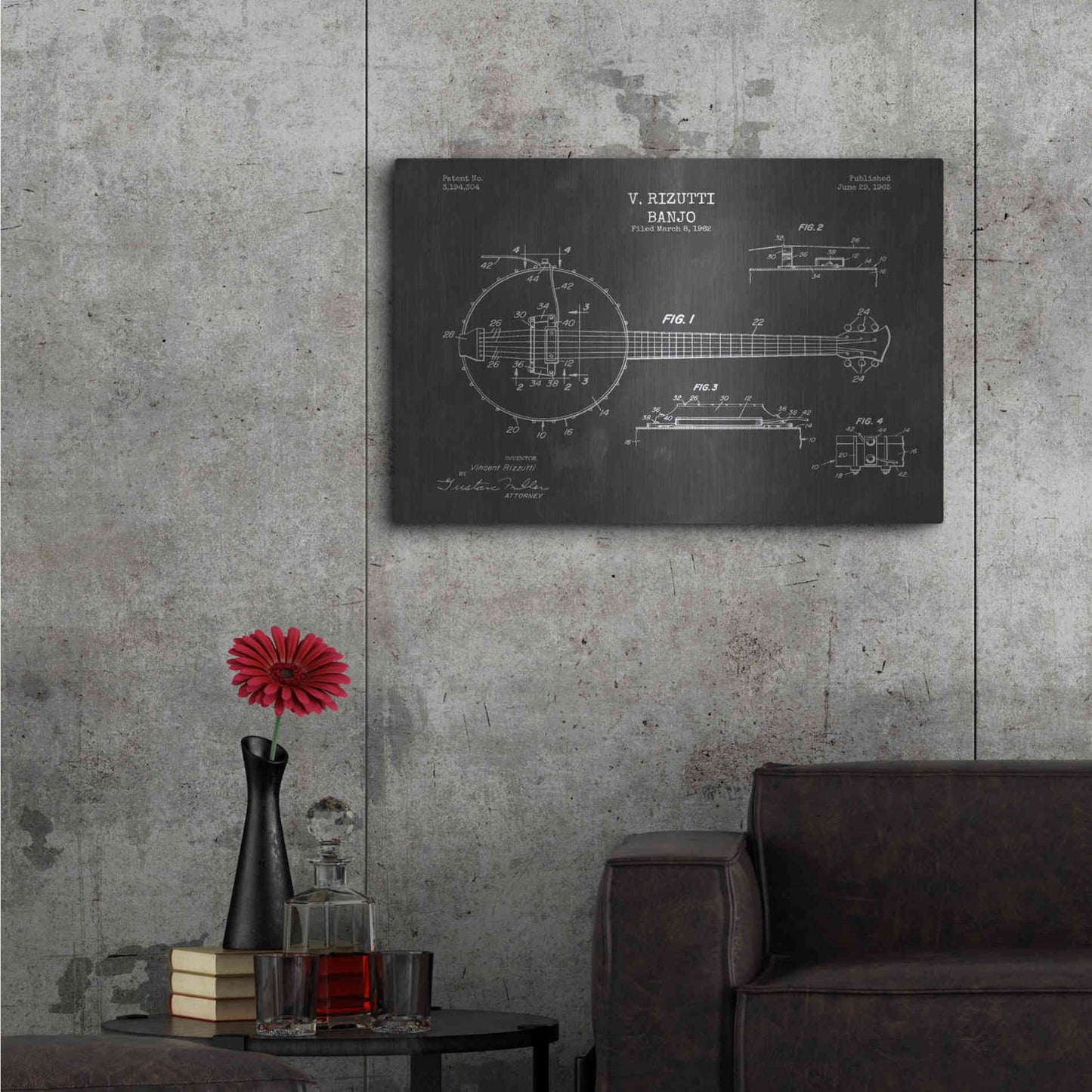 Luxe Metal Art 'Banjo Blueprint Patent Chalkboard' Metal Wall Art,36x24