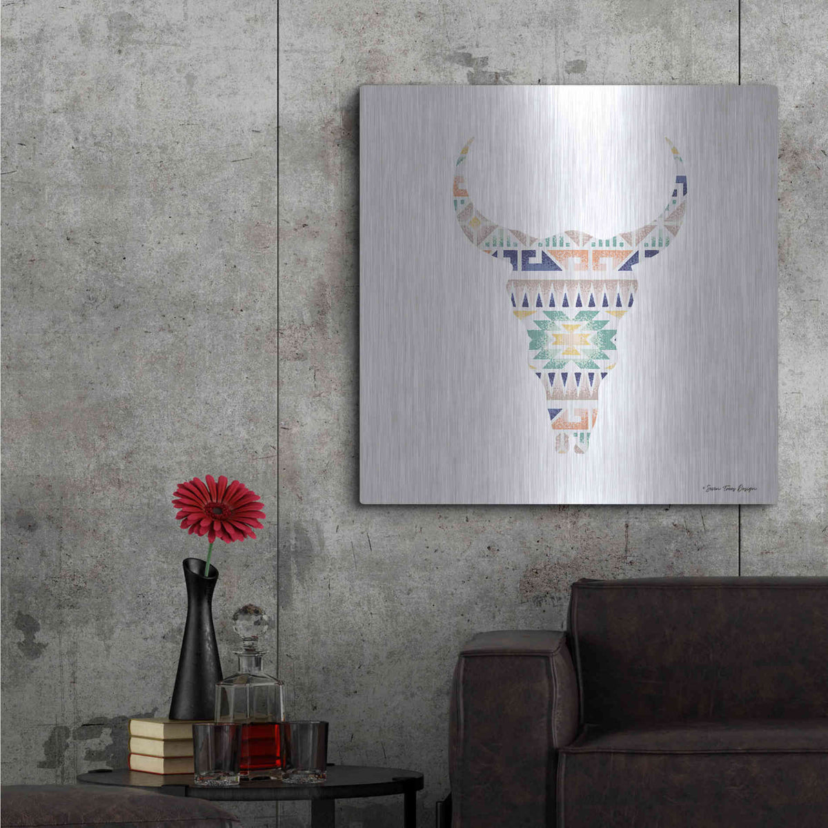 Luxe Metal Art 'Aztec Cow Head' by Seven Trees Design, Metal Wall Art,36x36
