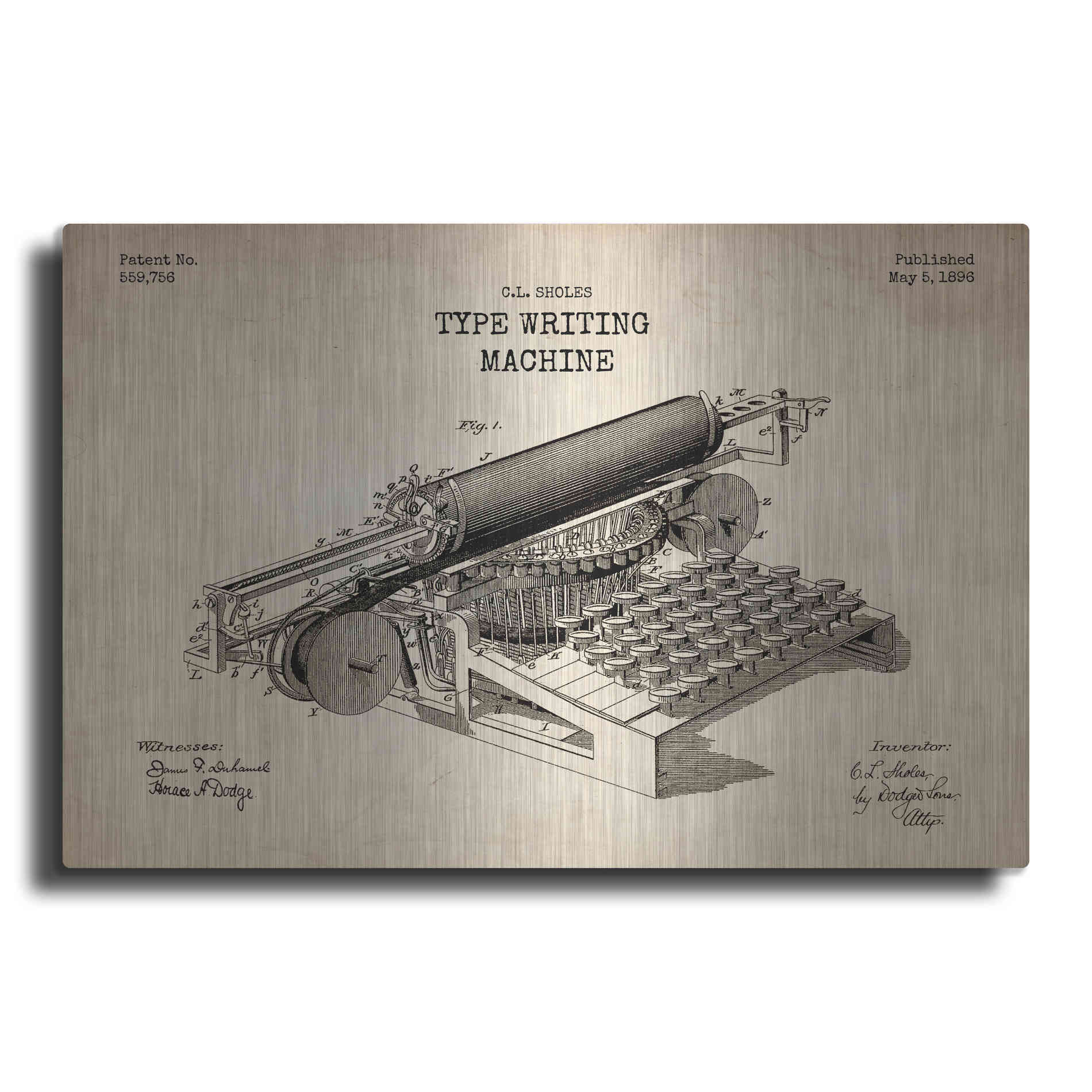 Type Writing Machine Blueprint Patent Parchment' Metal Wall Art –  LuxeMetalArt