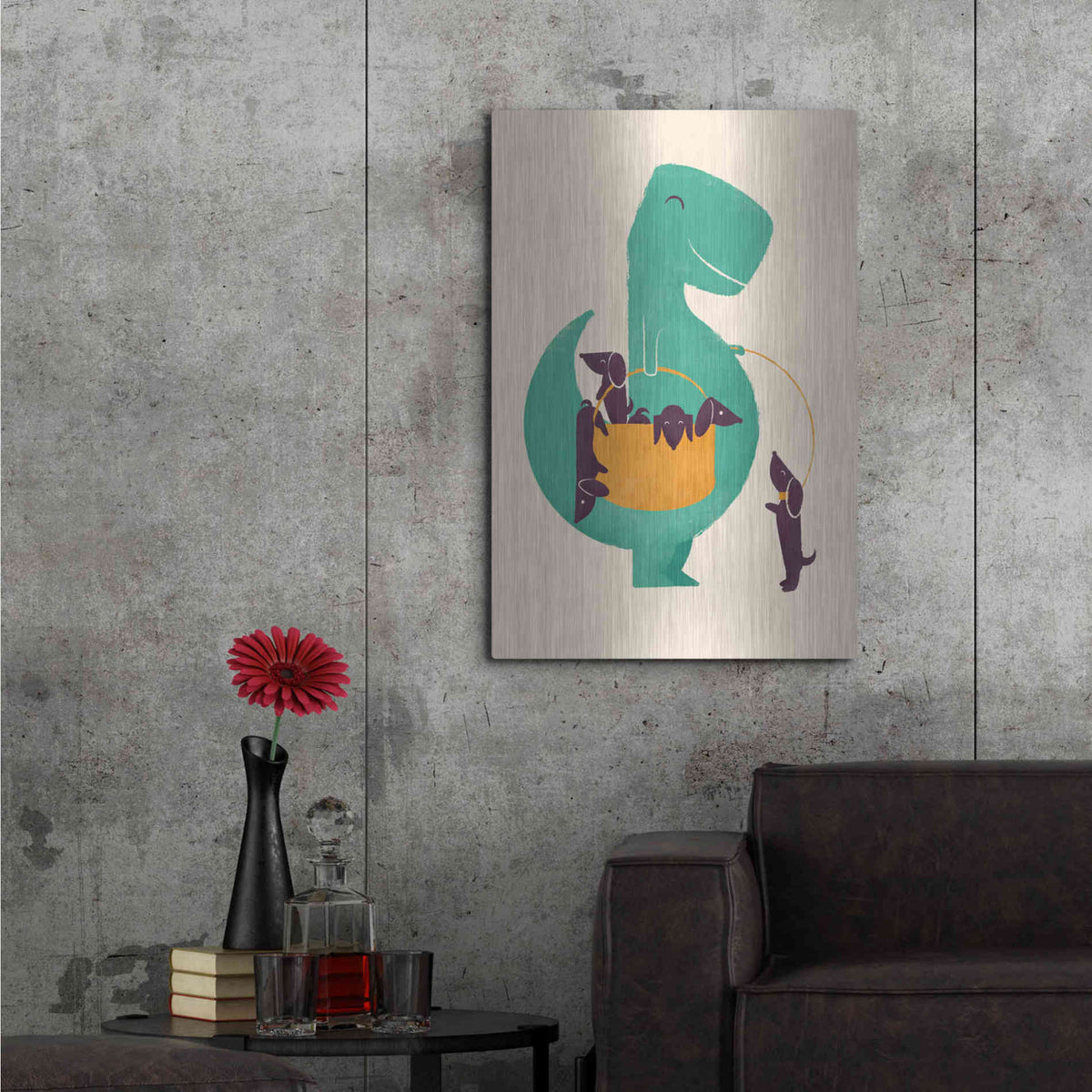Luxe Metal Art 'T-Rex and the Basketful of Wiener Dogs' by Jay Fleck, Metal Wall Art,24x36
