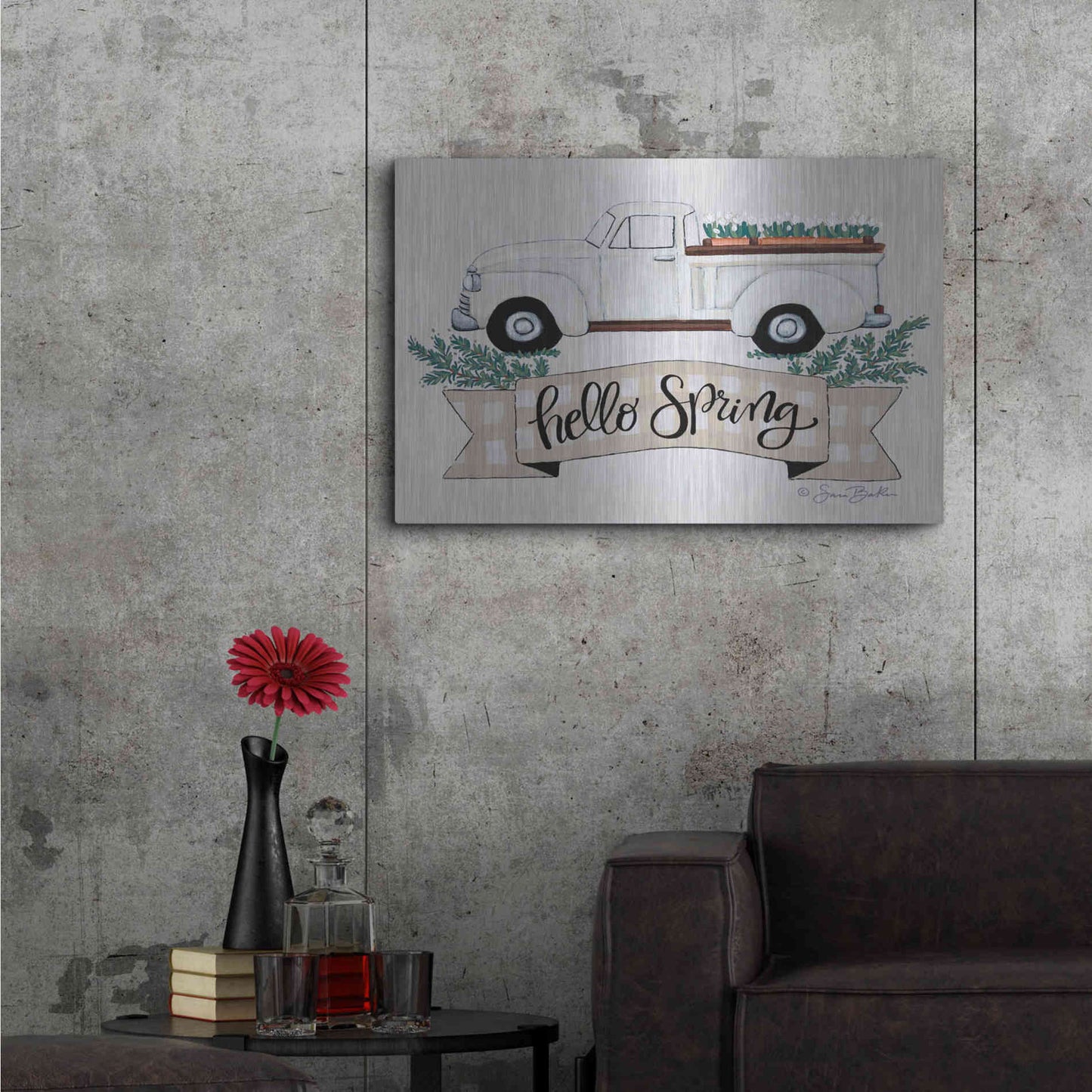 Luxe Metal Art 'Hello Spring Tulip Truck' by Sara Baker, Metal Wall Art,36x24