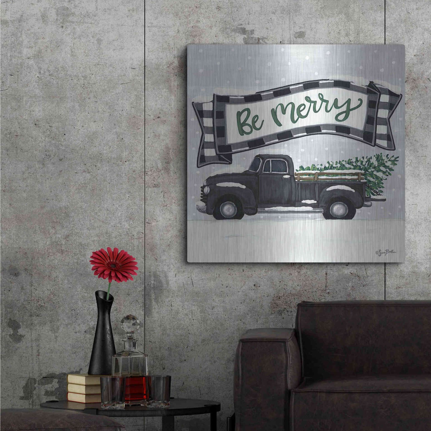 Luxe Metal Art 'Be Merry Truck' by Sara Baker, Metal Wall Art,36x36