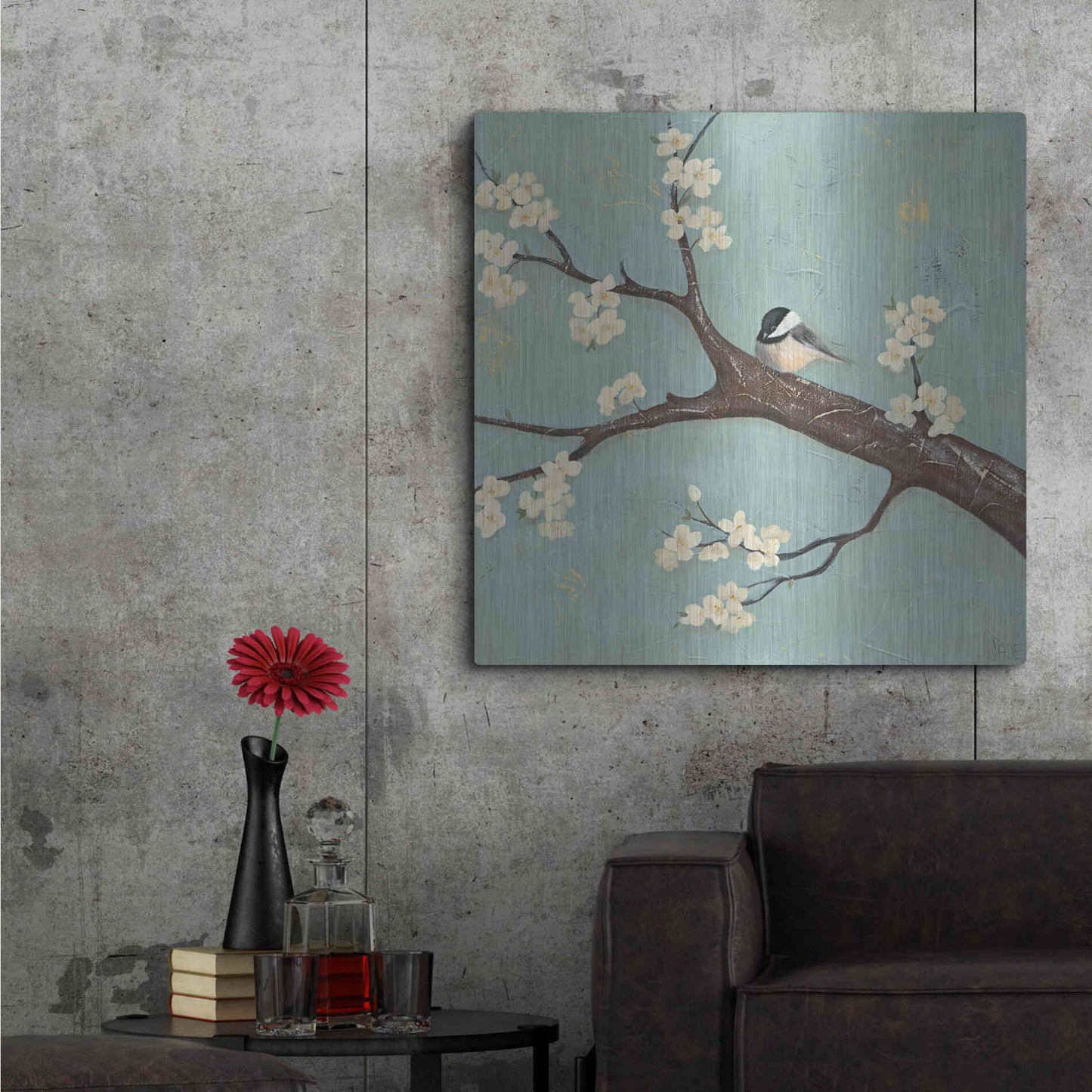 Luxe Metal Art 'Chickadee and Dogwood II' by Jade Reynolds, Metal Wall Art,36x36