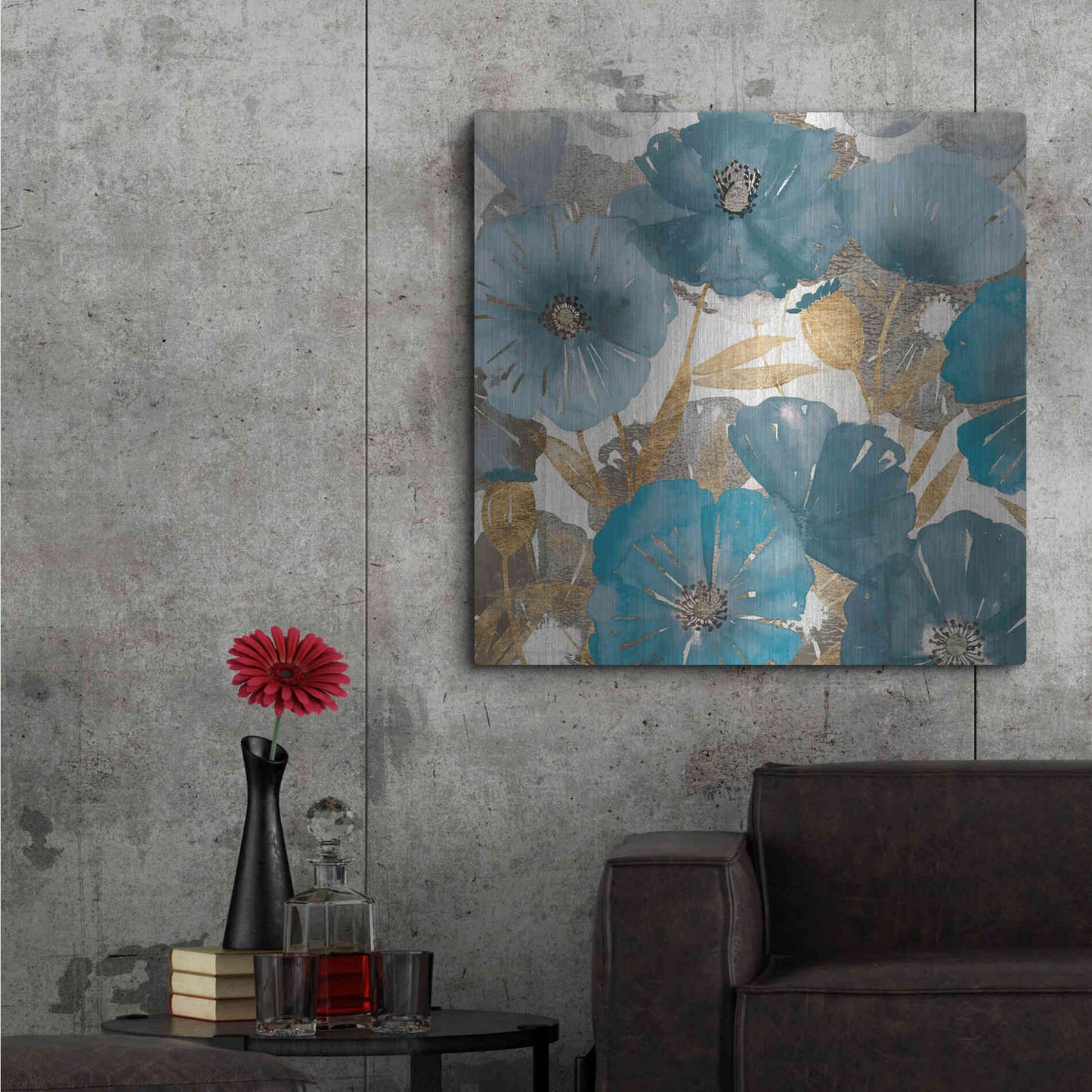 Luxe Metal Art 'Blue and Gold Poppies I' by Studio W, Metal Wall Art,36x36