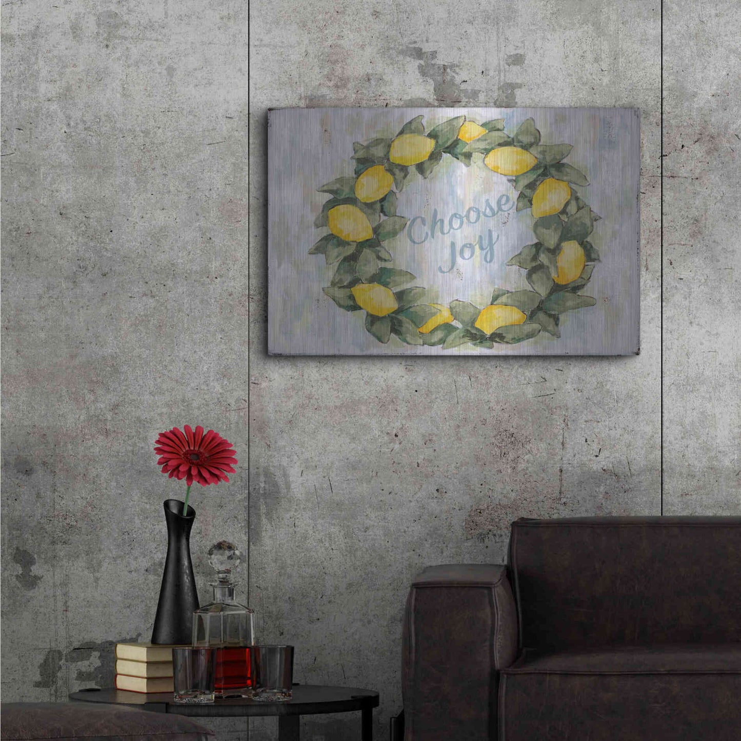 Luxe Metal Art 'Choose Joy Lemon Wreath' by Jennifer Holden, Metal Wall Art,36x24