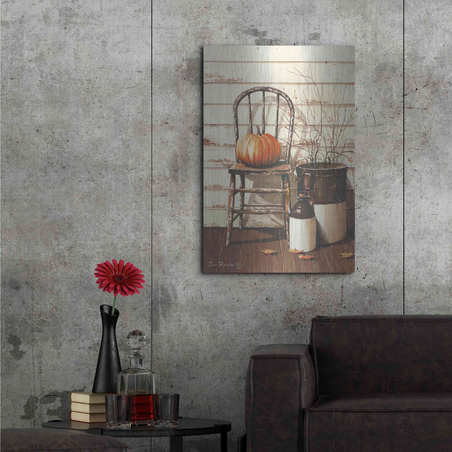 Luxe Metal Art 'Pumpkin & Chair' by John Rossini, Metal Wall Art,24x36