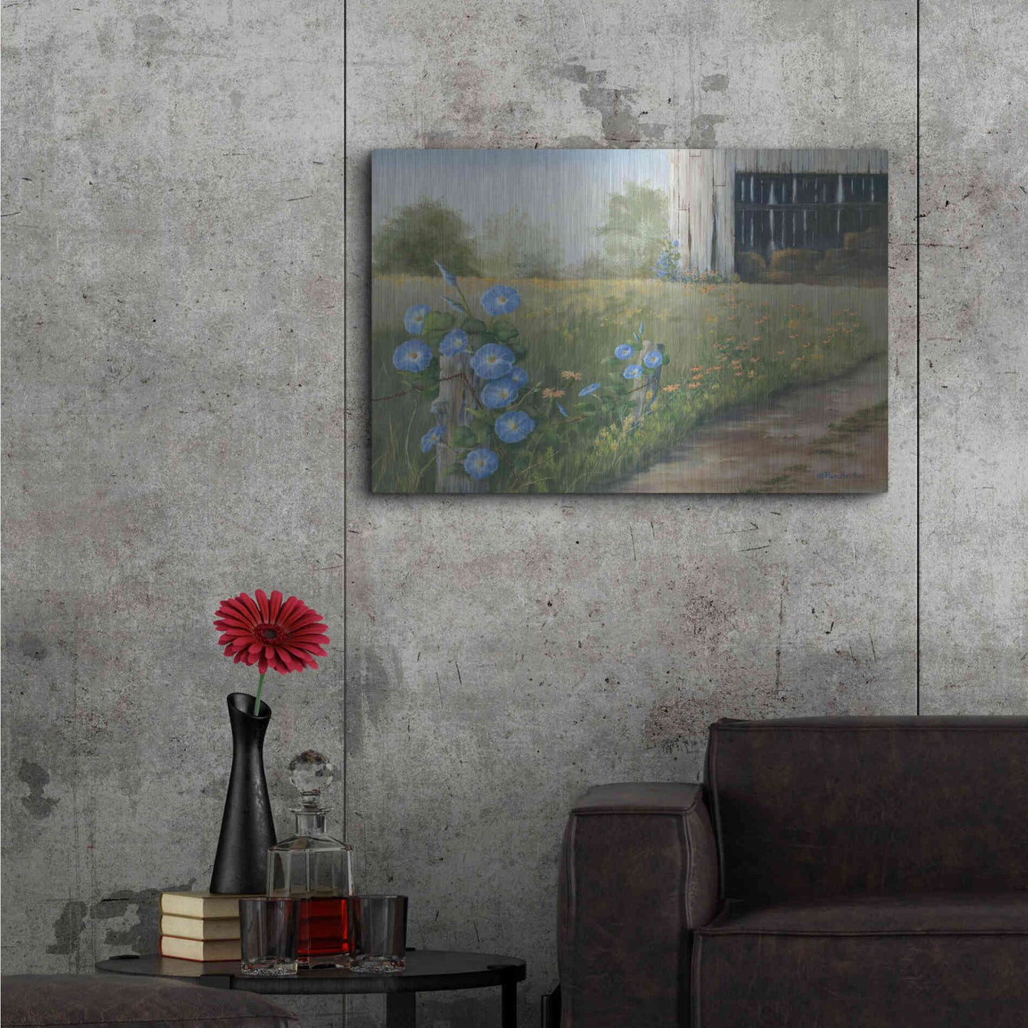 Luxe Metal Art 'Morning Glories & Hay Barn' by Pam Britton, Metal Wall Art,36x24
