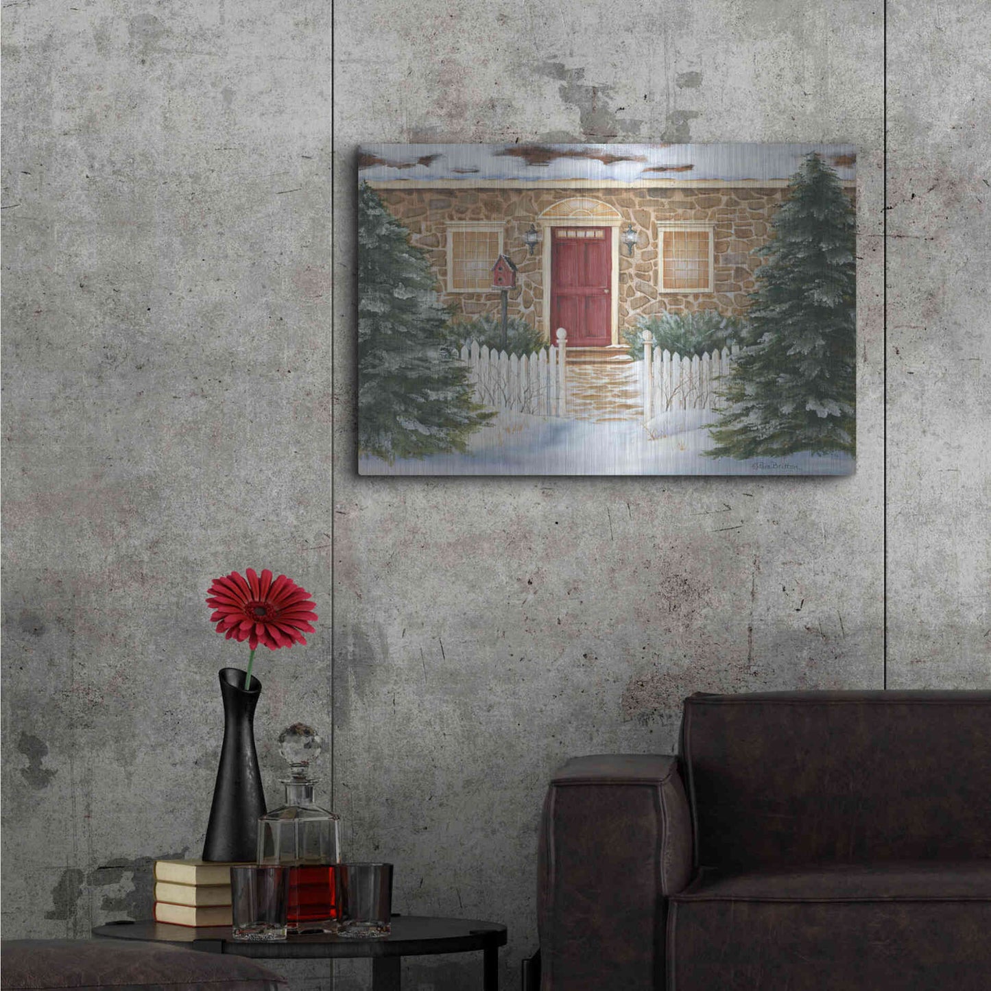 Luxe Metal Art 'Stone Cottage Winter Beauty' by Pam Britton, Metal Wall Art,36x24