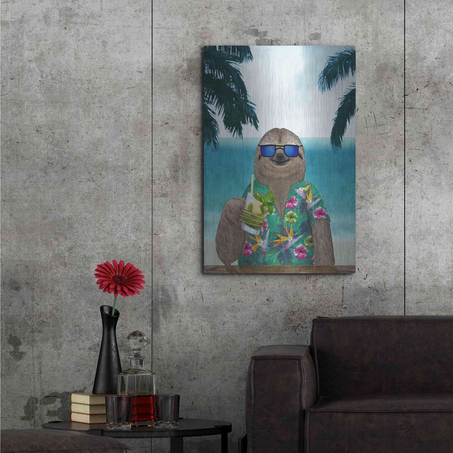 Luxe Metal Art 'Sloth on Summer Holidays' by Barruf Metal Wall Art,24x36
