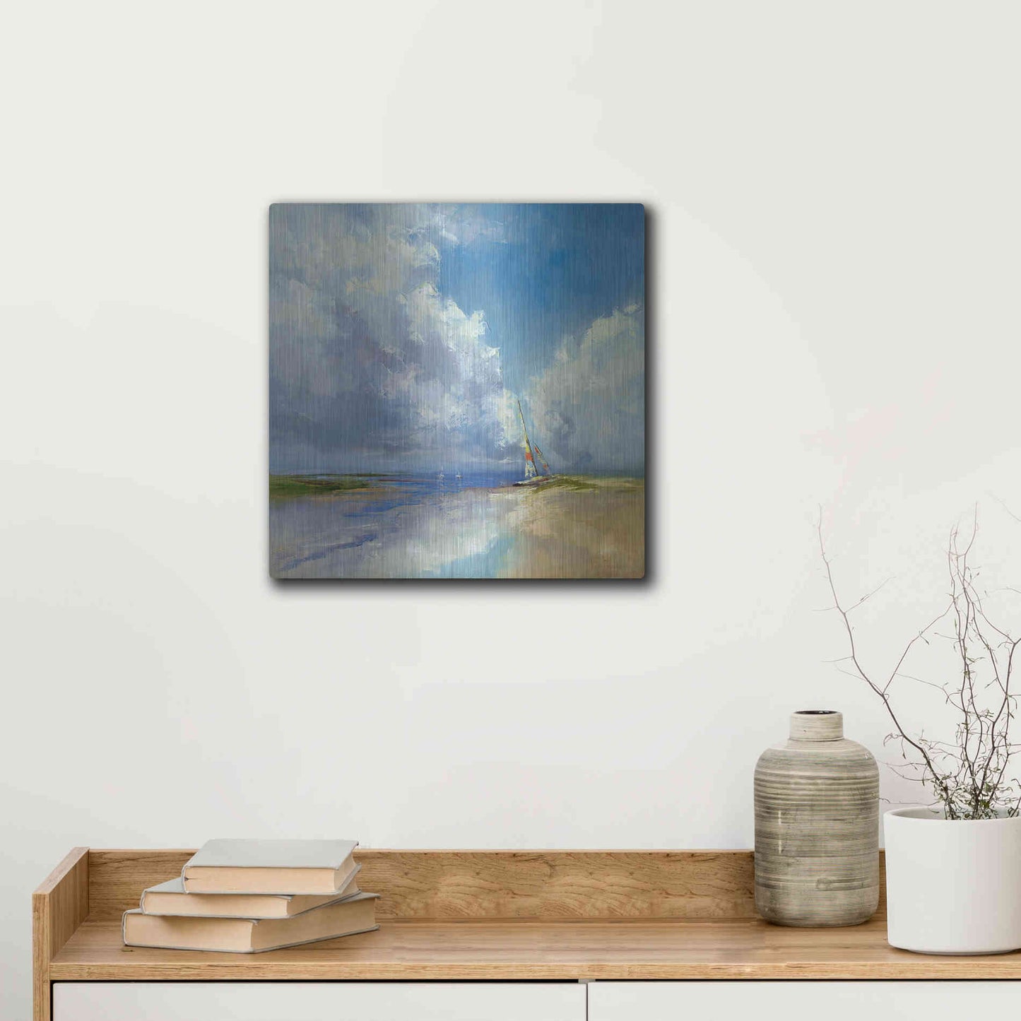 Luxe Metal Art 'Sailboat on a Sandy Beach' by Kasia Bruniany Metal Wall Art,12x12