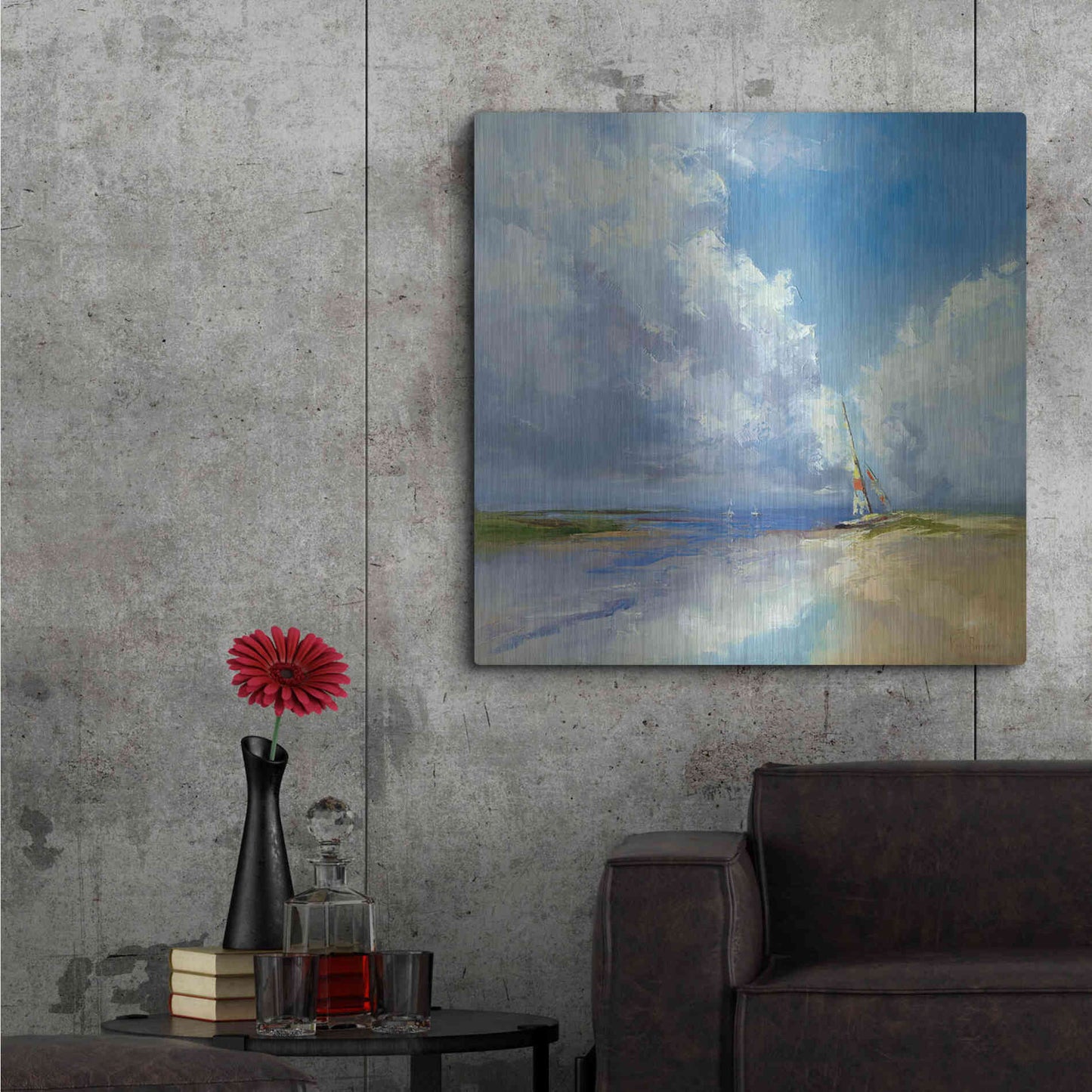 Luxe Metal Art 'Sailboat on a Sandy Beach' by Kasia Bruniany Metal Wall Art,36x36
