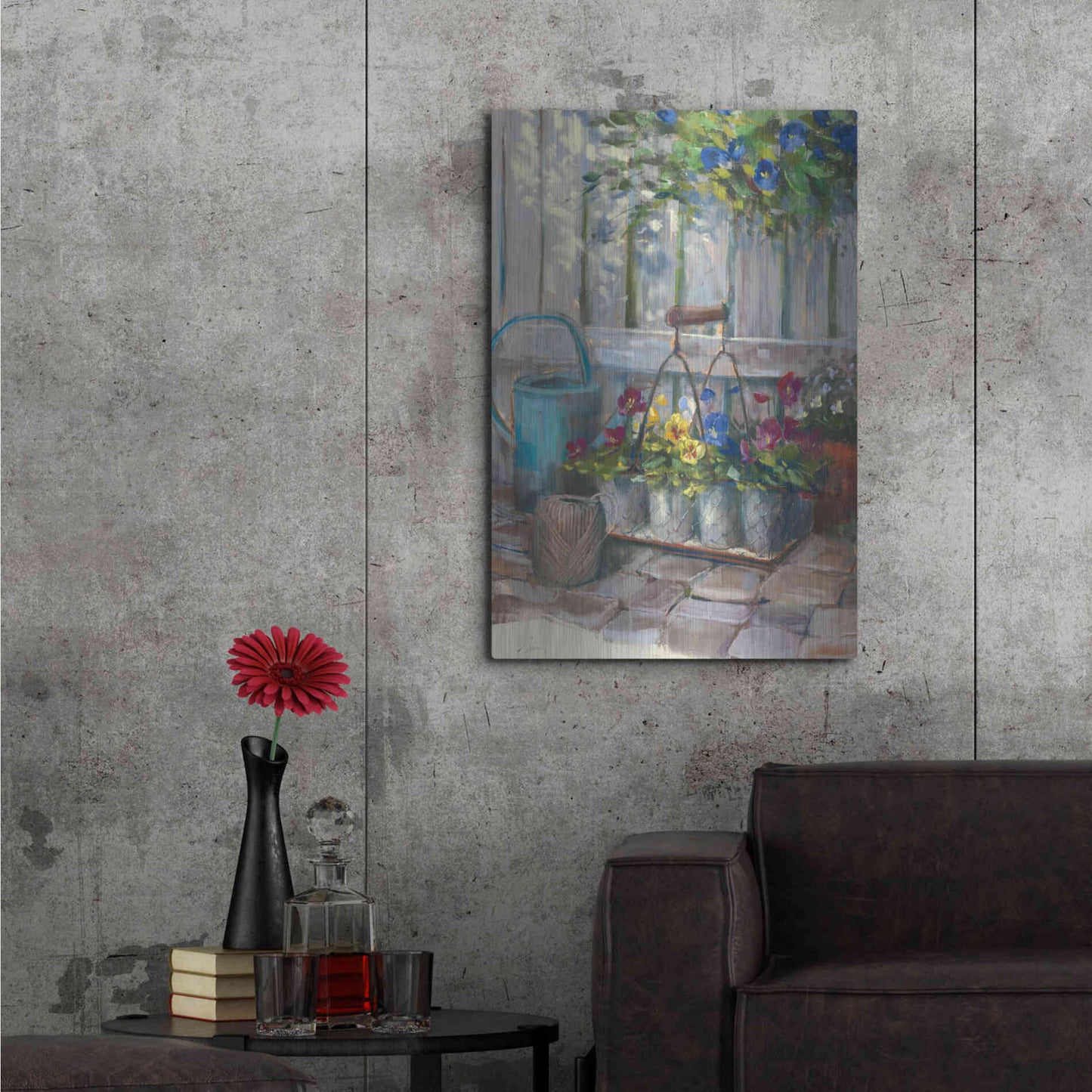 Luxe Metal Art 'Pansies In Wire Basket' by Carol Rowan, Metal Wall Art,24x36