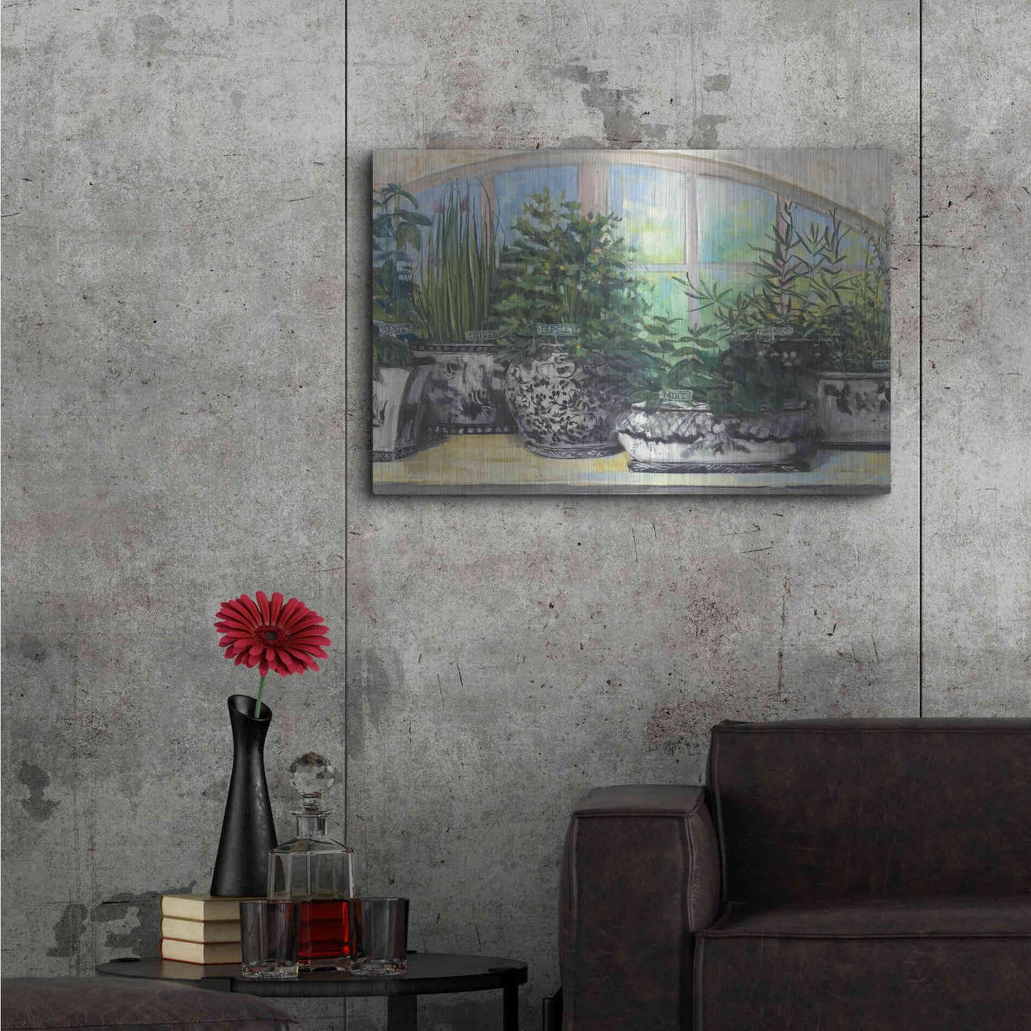 Luxe Metal Art 'Windowsill Herbs Bw Vases Crop' by Carol Rowan, Metal Wall Art,36x24