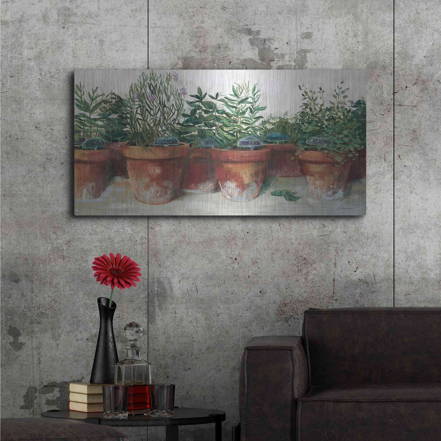 Luxe Metal Art 'Pots Of Herbs I White' by Carol Rowan, Metal Wall Art,48x24