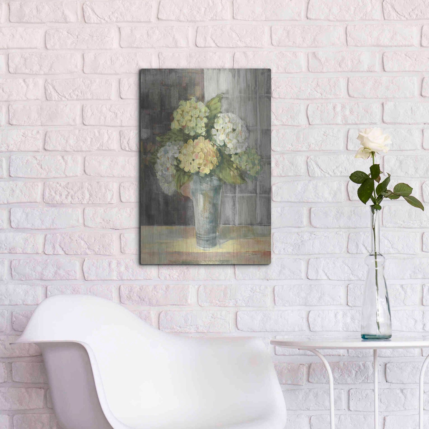 Luxe Metal Art 'Yellow Hydrangea Gray' by Carol Rowan, Metal Wall Art,16x24