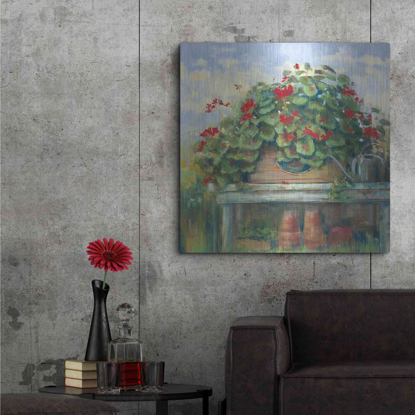 Luxe Metal Art 'Geranium Bench Crop' by Carol Rowan, Metal Wall Art,36x36