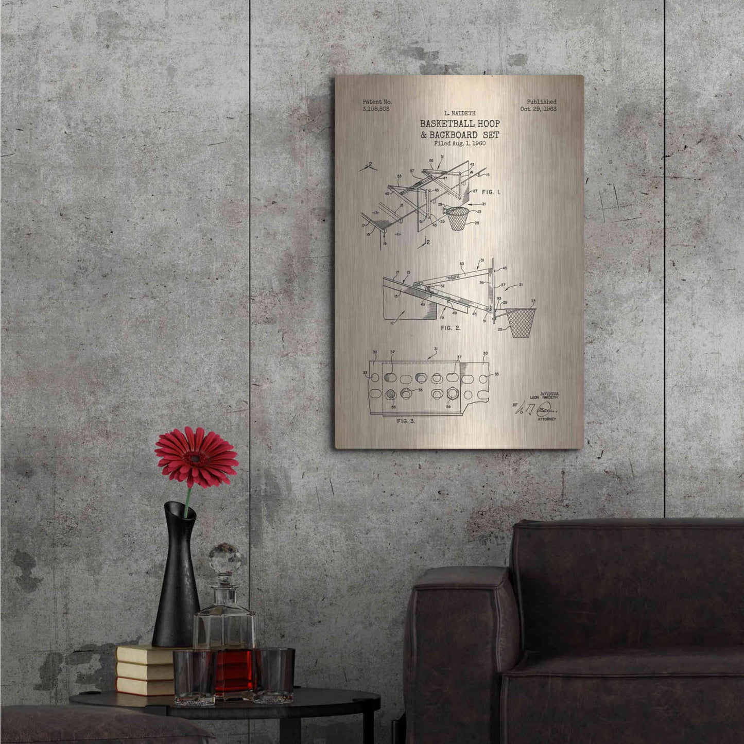 Luxe Metal Art 'Basketball Hoop and Backboard Blueprint Patent Parchment' Metal Wall Art,24x36