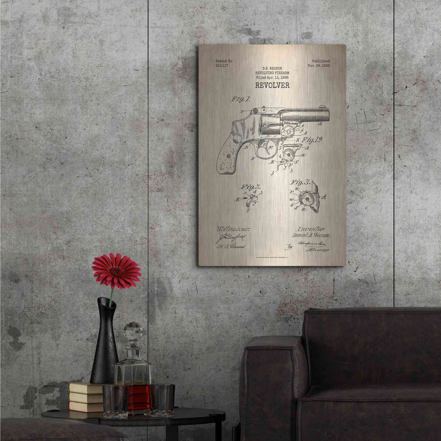 Luxe Metal Art 'Revolver Blueprint Patent Parchment' Metal Wall Art,24x36