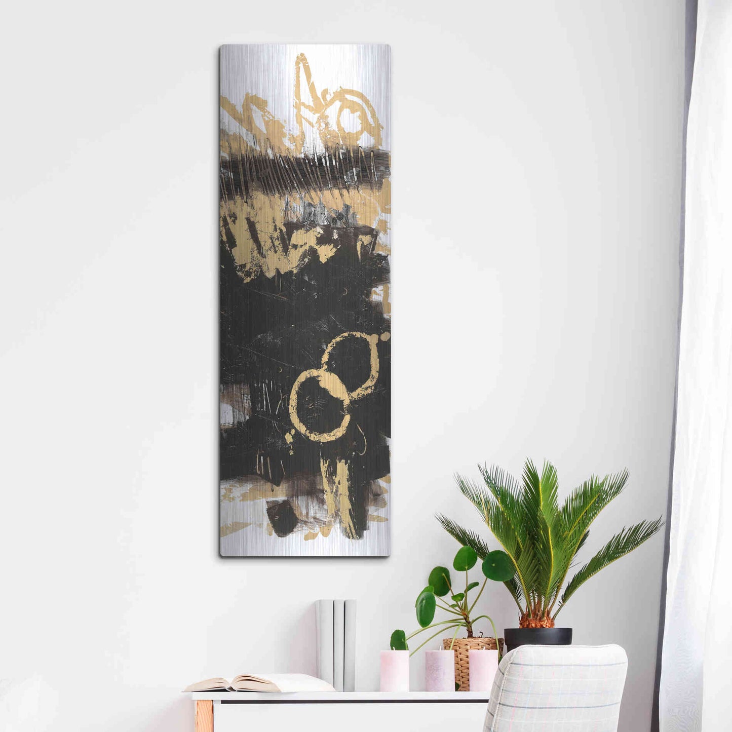 Luxe Metal Art 'Gold And Black Abstract Panel II' by Mike Schick, Metal Wall Art,16x48