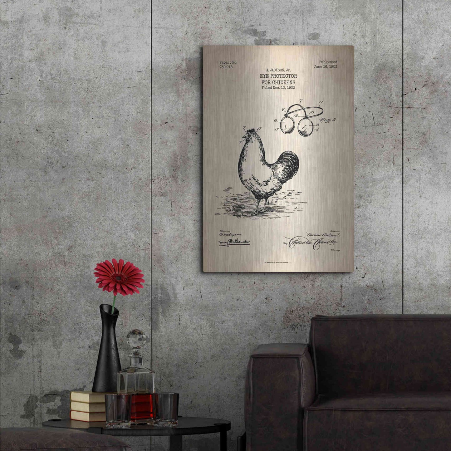 Luxe Metal Art 'Eye Protector for Chickens Blueprint Patent Parchment' Metal Wall Art,24x36