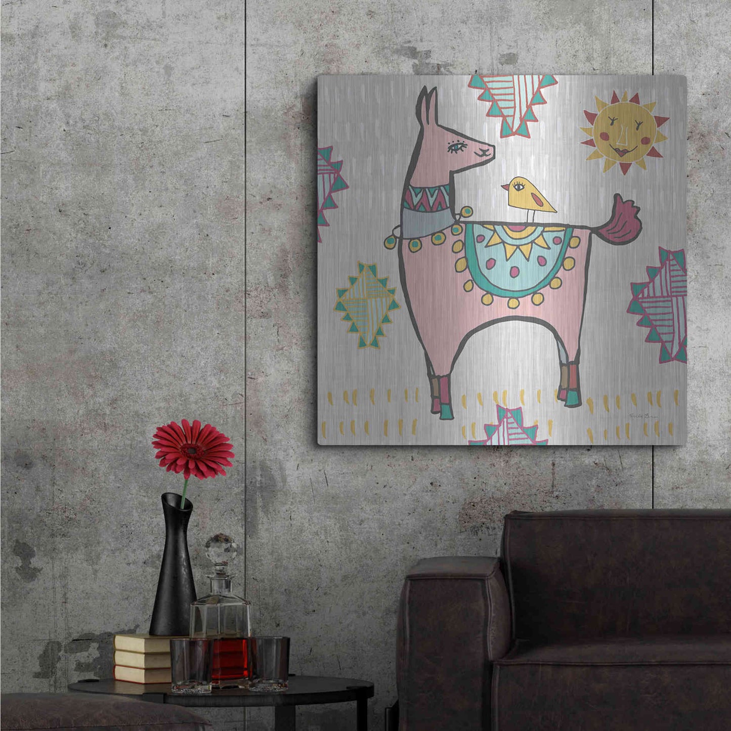 Luxe Metal Art 'Playful Llamas III' by Farida Zaman, Metal Wall Art,36x36