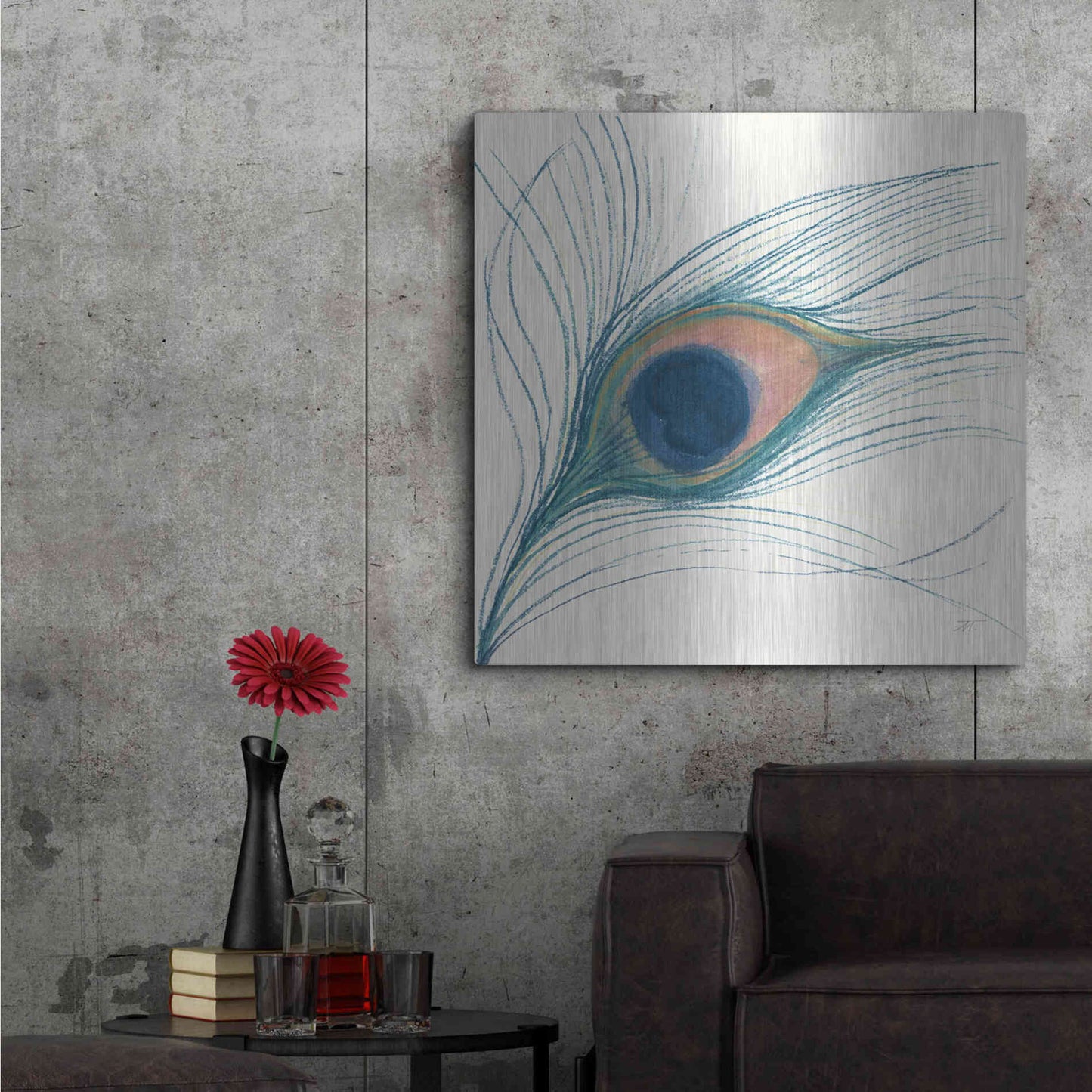 Luxe Metal Art 'Peacock Feather I Blue' by Miranda Thomas, Metal Wall Art,36x36
