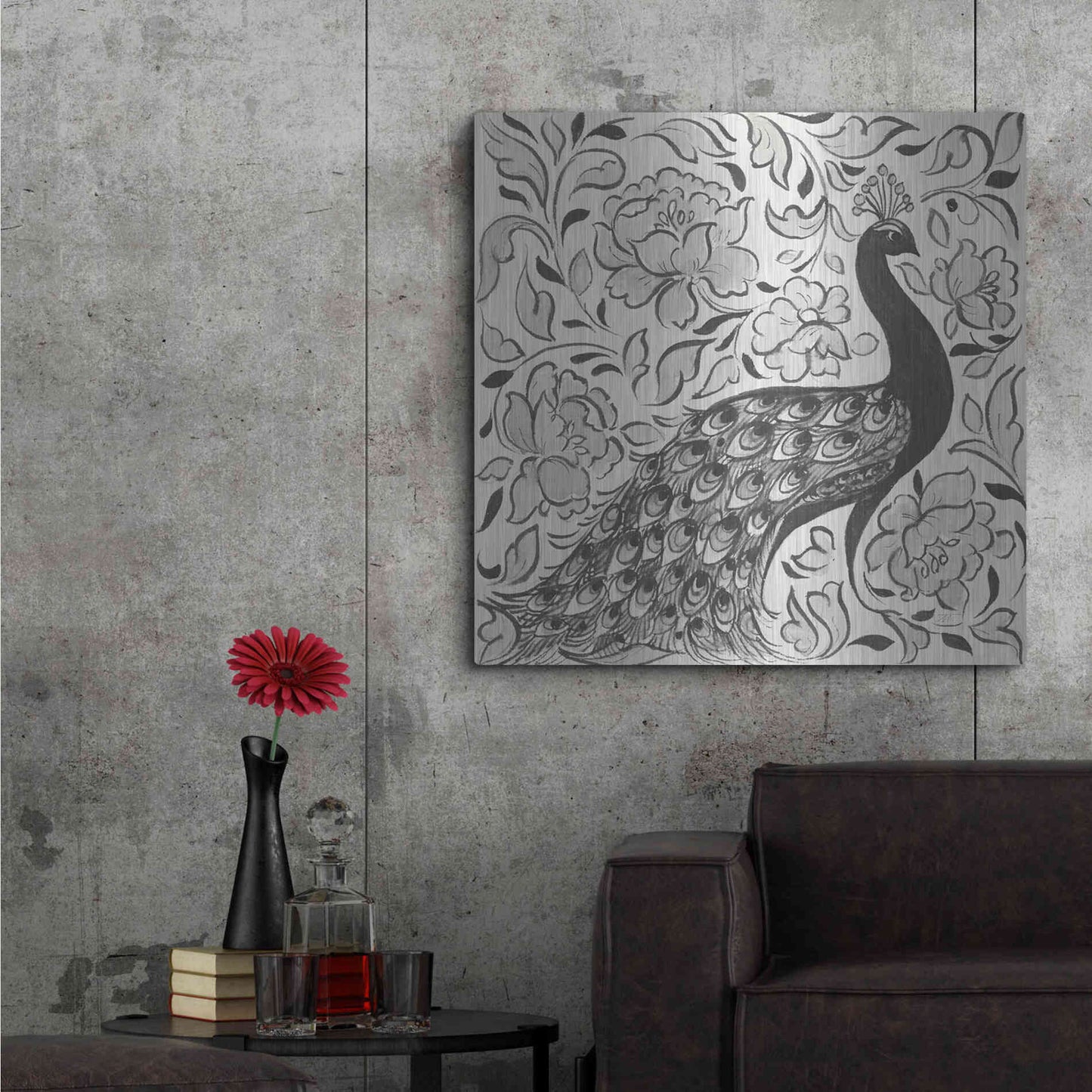Luxe Metal Art 'Peacock Garden IV BW' by Miranda Thomas, Metal Wall Art,36x36