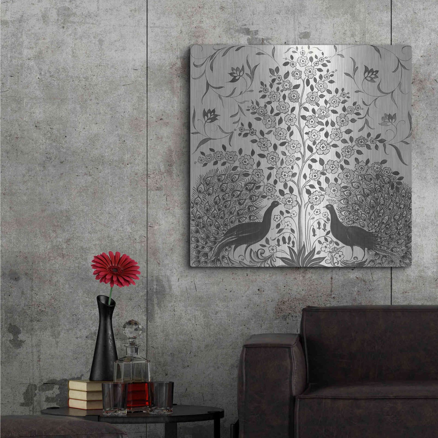 Luxe Metal Art 'Peacock Garden VIII BW' by Miranda Thomas, Metal Wall Art,36x36