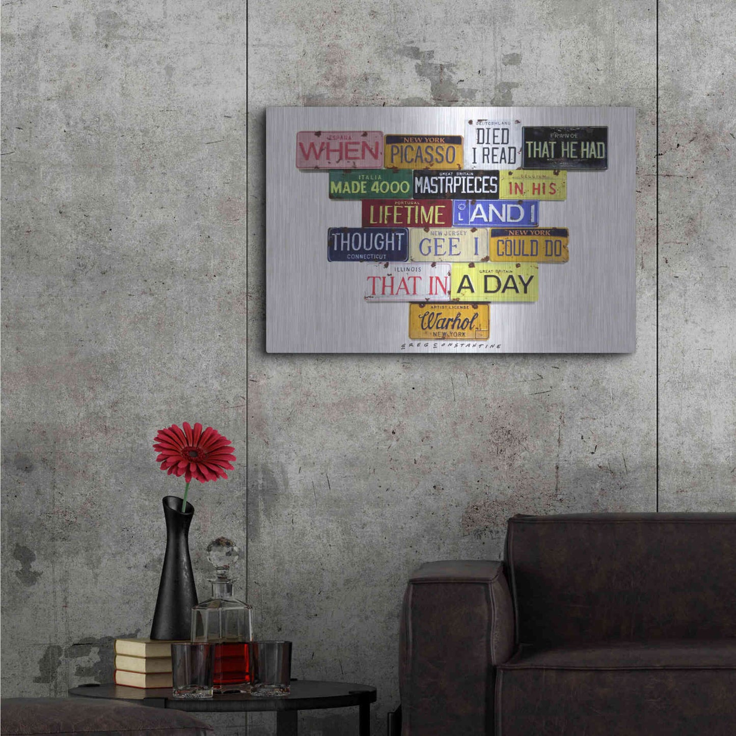 Luxe Metal Art 'Warhol Picasso Died' by Gregory Constantine, Metal Wall Art,36x24