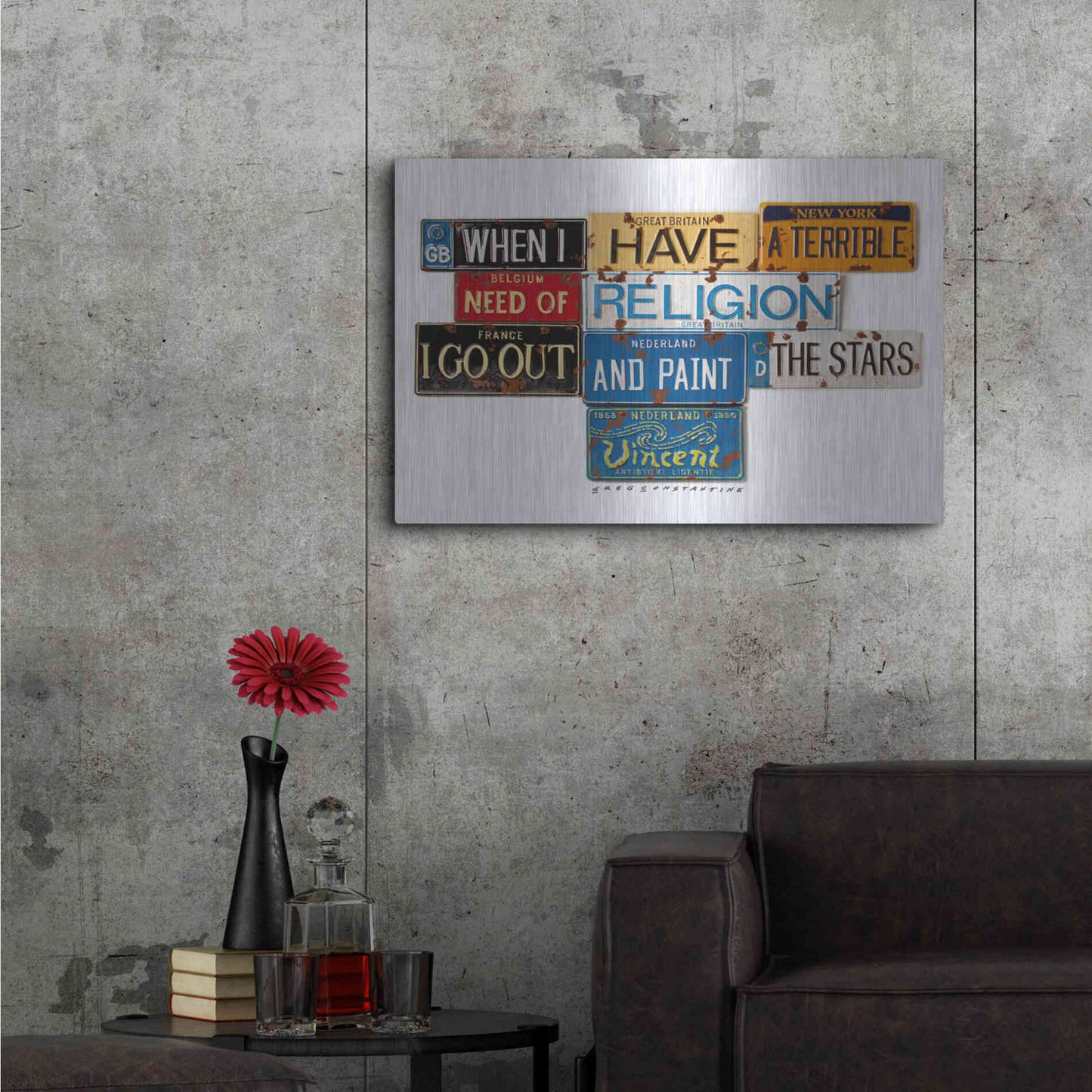 Luxe Metal Art 'Vincent Need Religion' by Gregory Constantine, Metal Wall Art,36x24