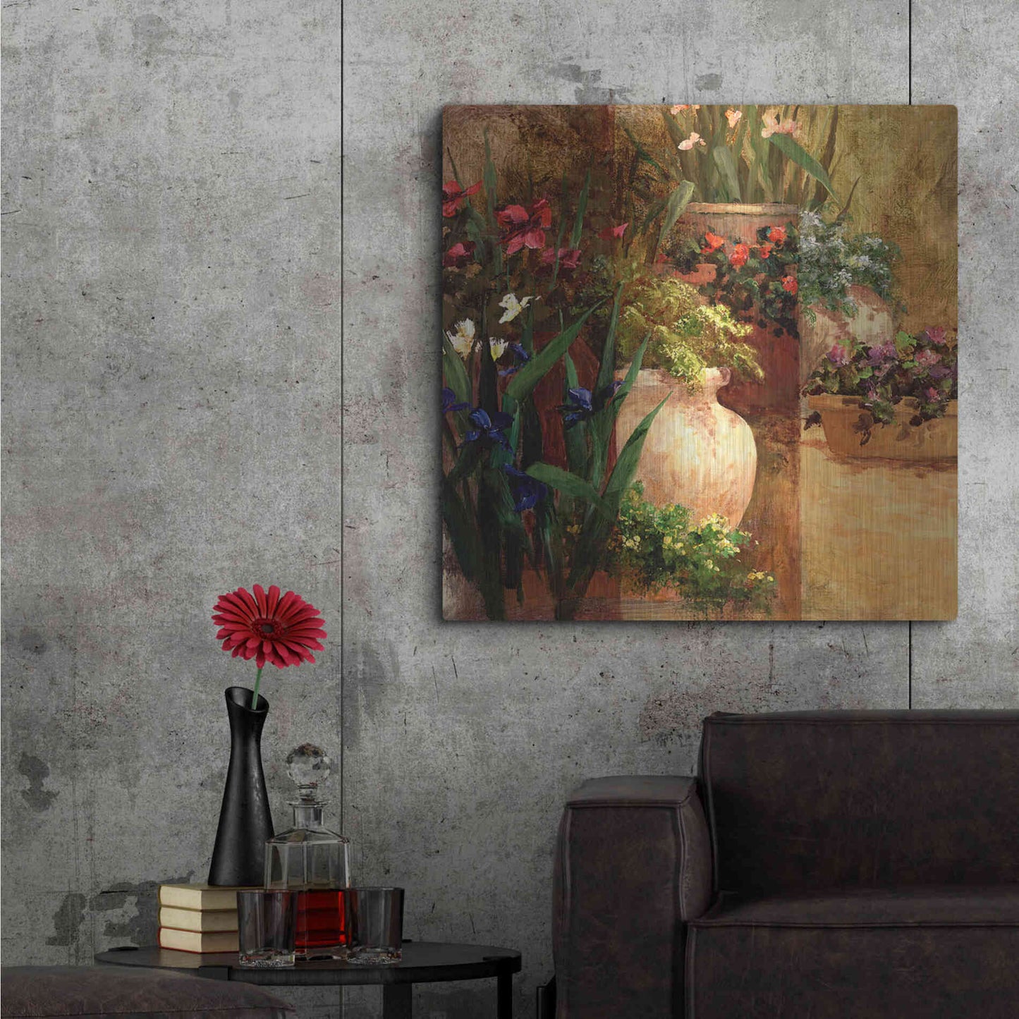 Luxe Metal Art 'Flower Pots Right' by Art Fronckowiak, Metal Wall Art,36x36