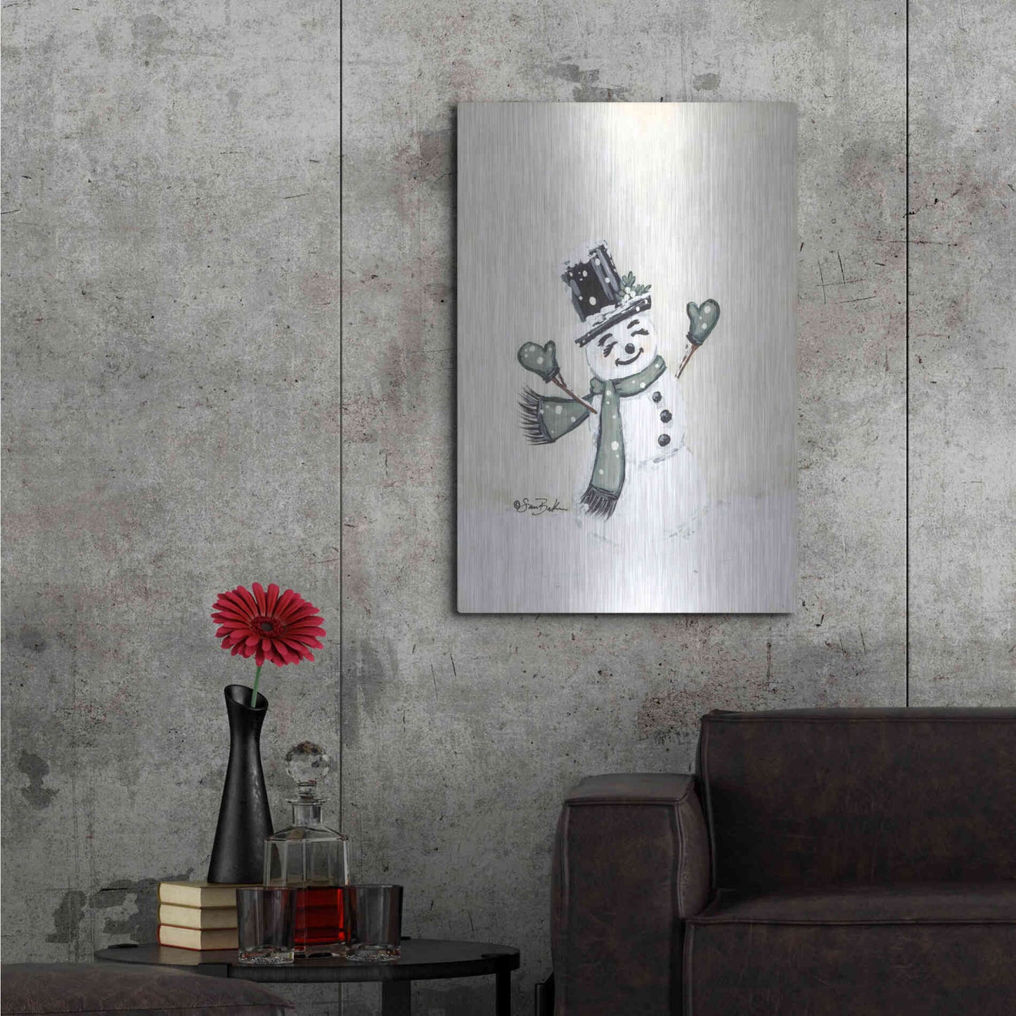 Luxe Metal Art 'Jolly Green Snowman' by Sara Baker, Metal Wall Art,24x36