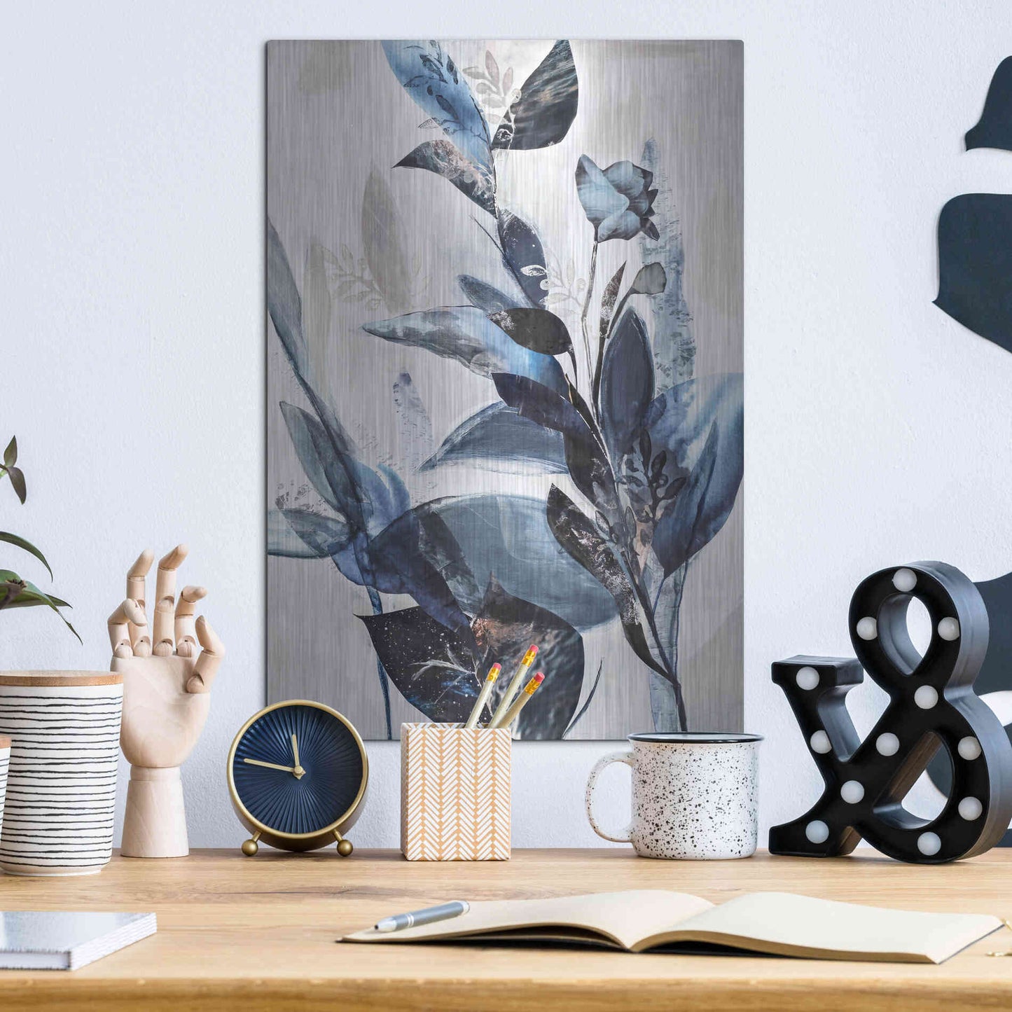 Luxe Metal Art 'Blue Leaves' by Design Fabrikken, Metal Wall Art,12x16