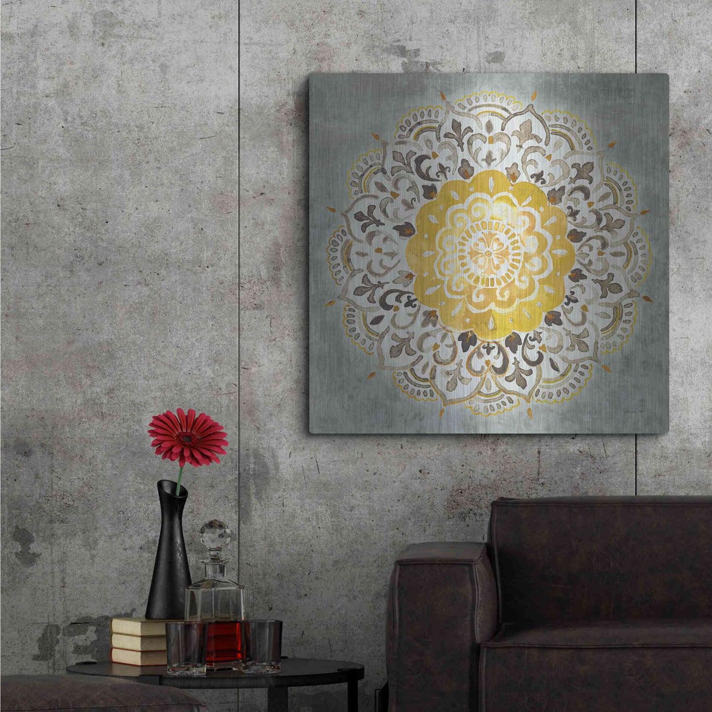Luxe Metal Art 'Mandala Delight IV Yellow Grey' by Danhui Nai, Metal Wall Art,36x36