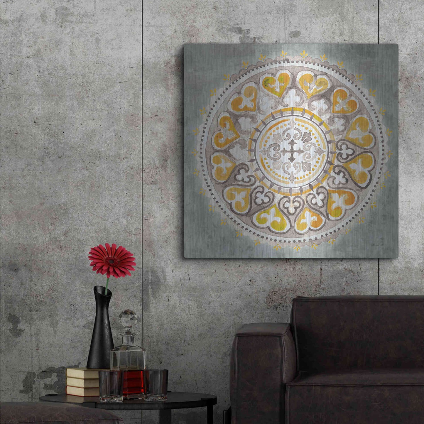 Luxe Metal Art 'Mandala Delight Yellow Grey III' by Danhui Nai, Metal Wall Art,36x36