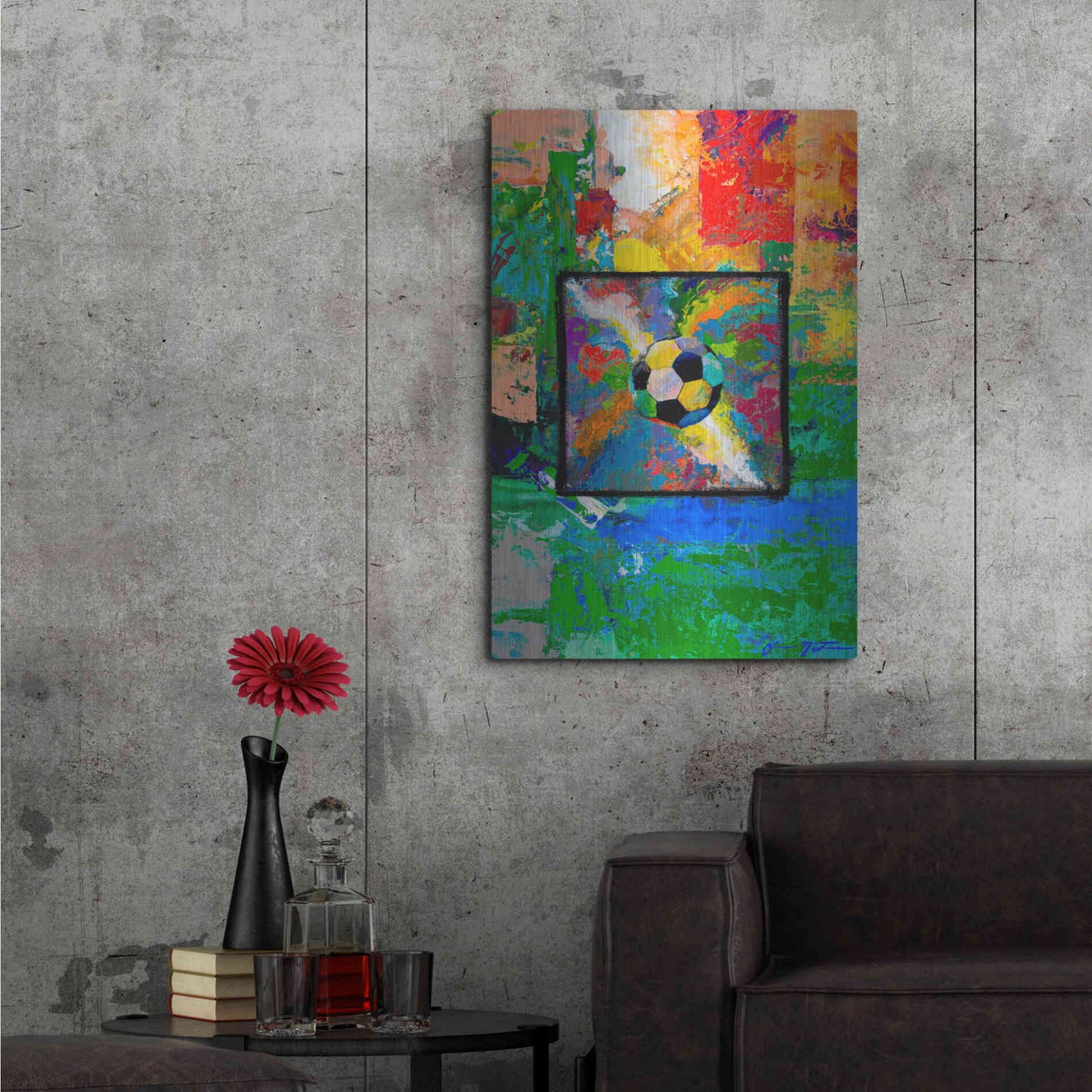 Luxe Metal Art 'Window into the Soccer Universe Red and Green' by Jace D McTier, Metal Wall Art,24x36