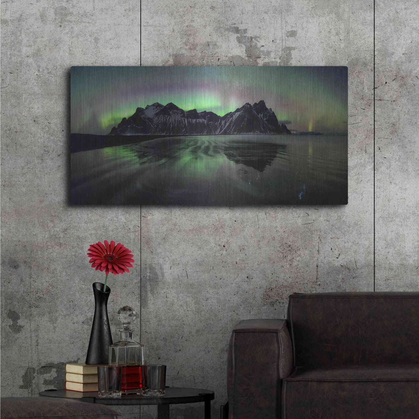 Luxe Metal Art 'Water And Mountain During Northern Lights' by Luxe Portfolio, Metal Wall Art,48x24
