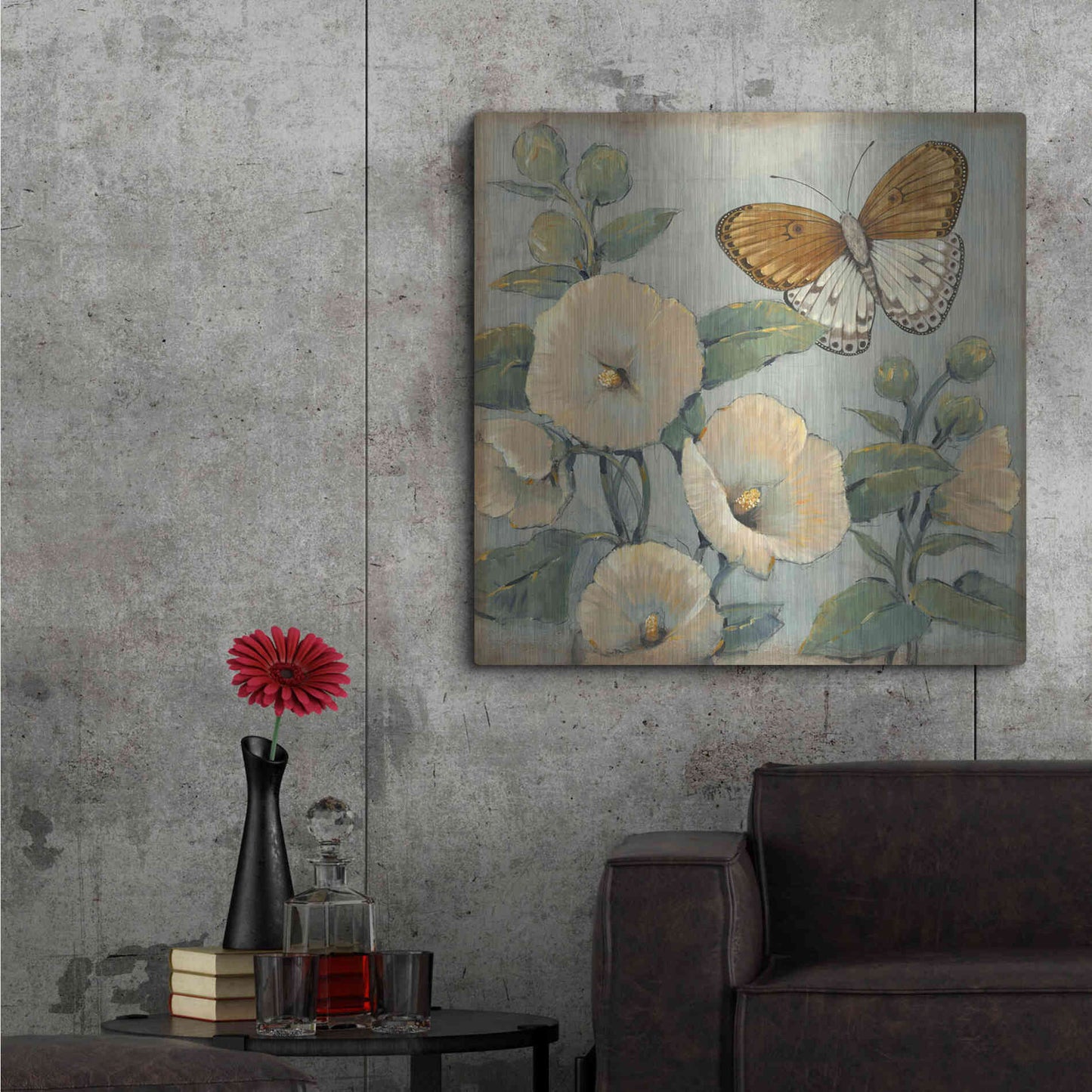 Luxe Metal Art 'Butterfly & Hollyhocks I' by Tim O'Toole, Metal Wall Art,36x36