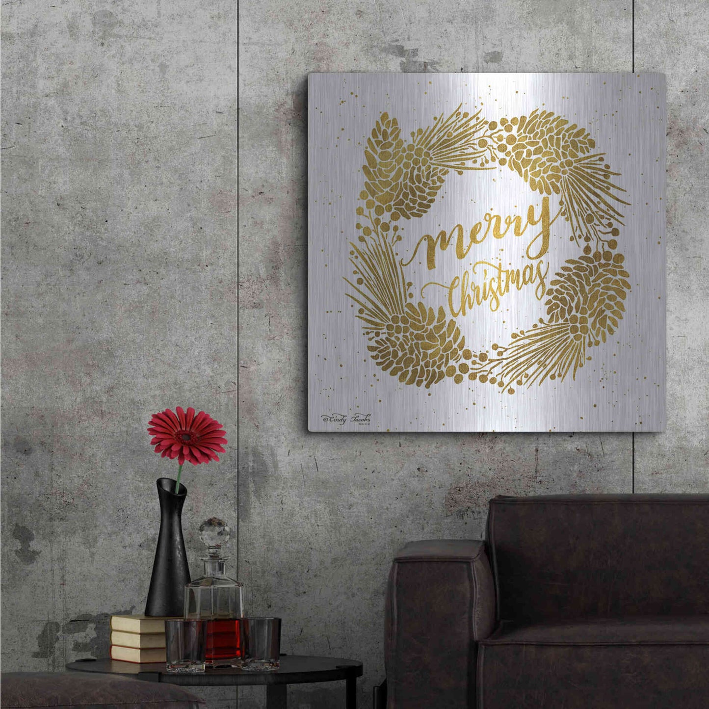Luxe Metal Art 'Merry Christmas Gold Wreath' by Cindy Jacobs, Metal Wall Art,36x36